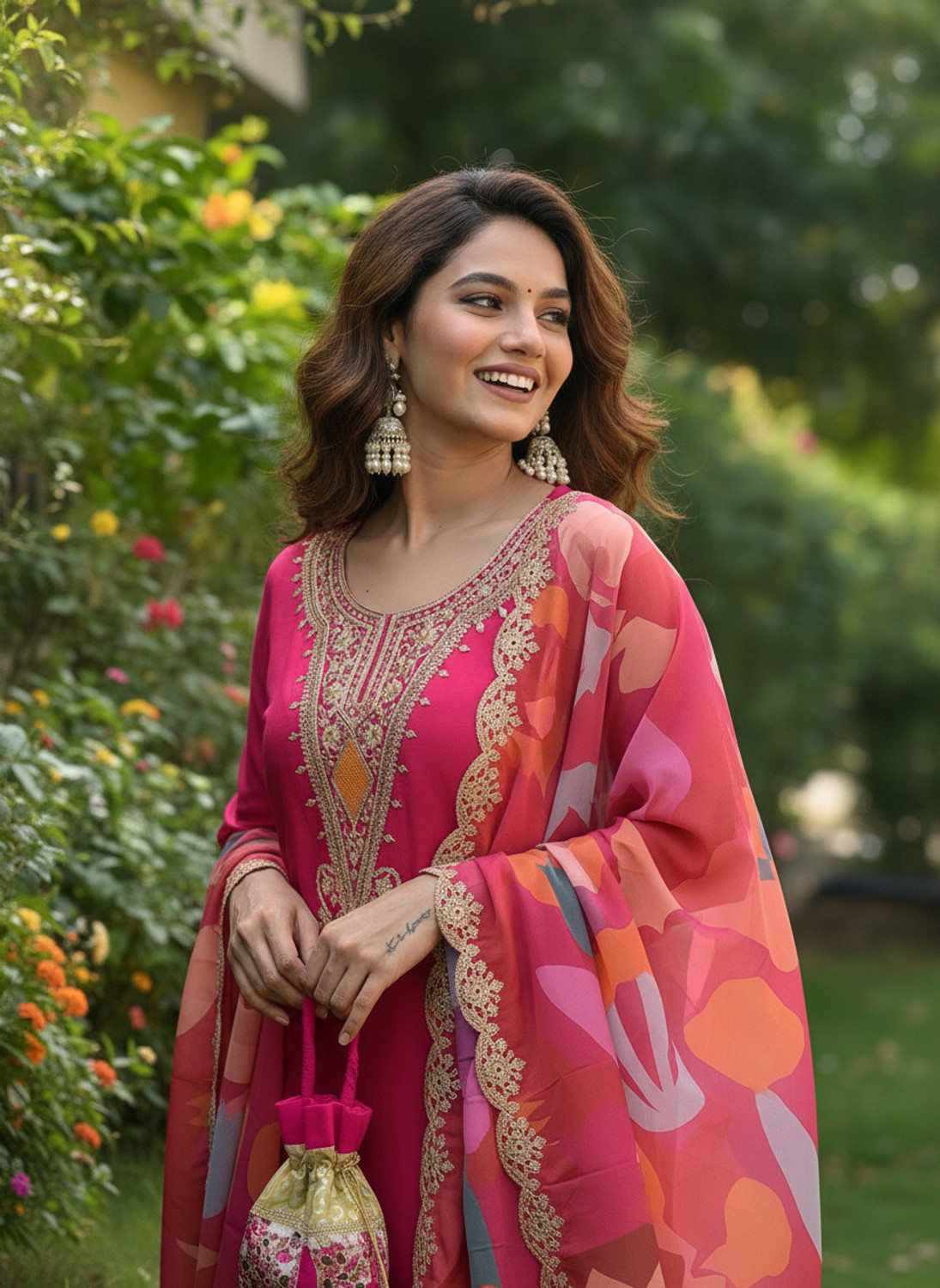 Image of ORRIYA Embroidered Kurta, Trouser /Pant & Dupatta Set
