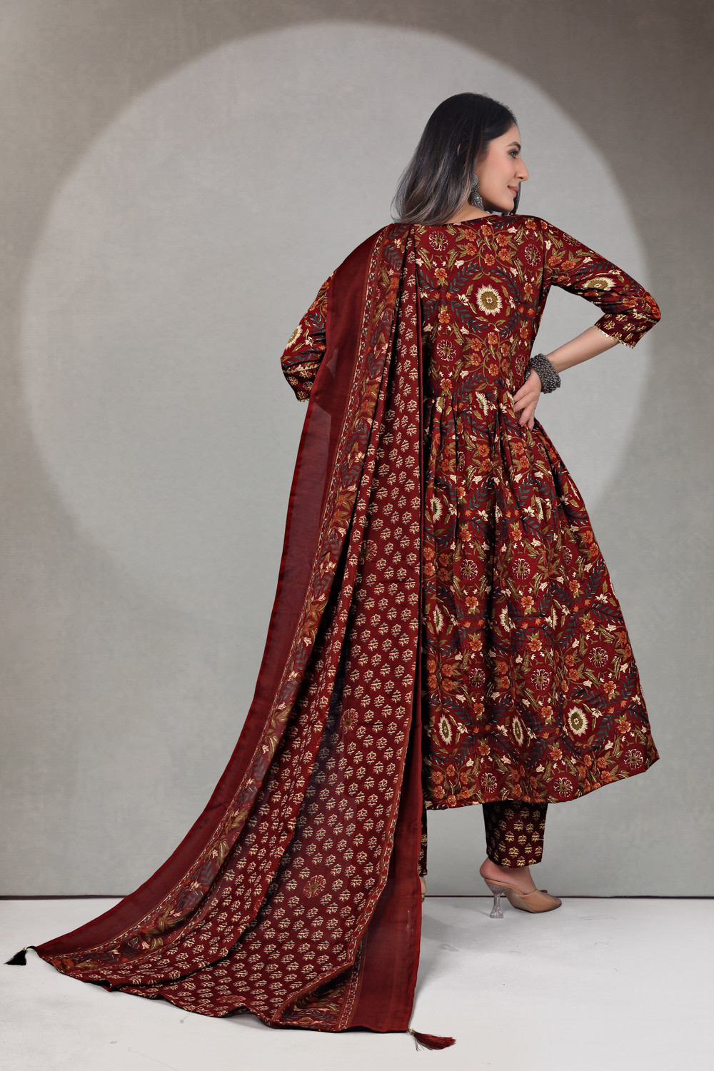 Image of KALAVRITTA Floral Print Anarkali Kurta, Bottom & Dupatta Set