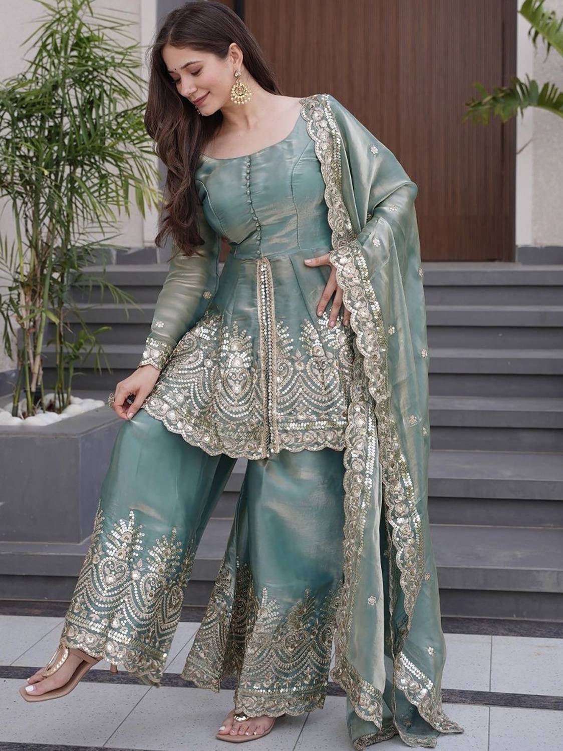 Embroidered Anarkali Kurta, Bottom & Dupatta Set - Image 3