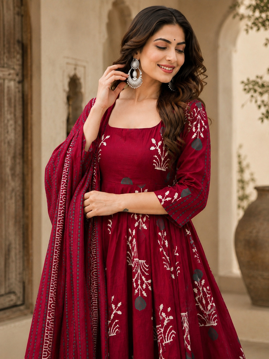 Image of NabubaFashion Printed Anarkali Kurta, Bottom & Dupatta Set