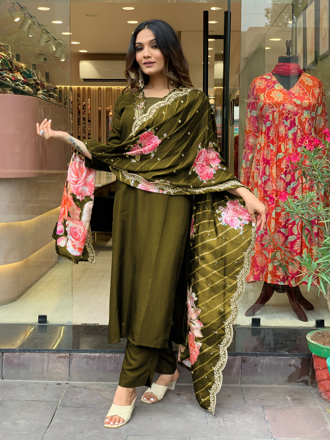 Image of DHARM CREATION Embroidered Kurta, Trouser /Pant & Dupatta Set