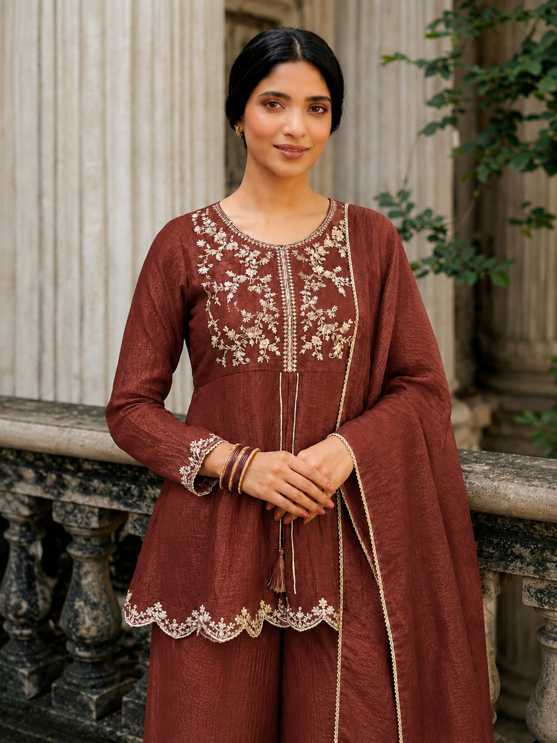 Image of RUTABO Embroidered Kurta, Palazzo & Dupatta Set