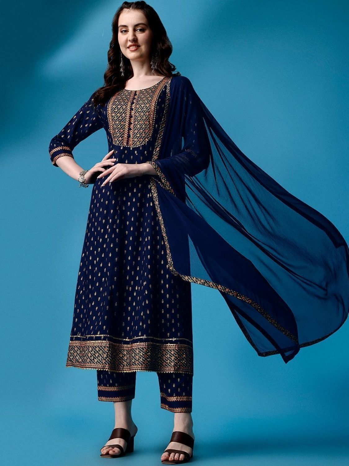 Image of Queens Fab Printed, Embroidered Anarkali Kurta, Bottom & Dupatta Set
