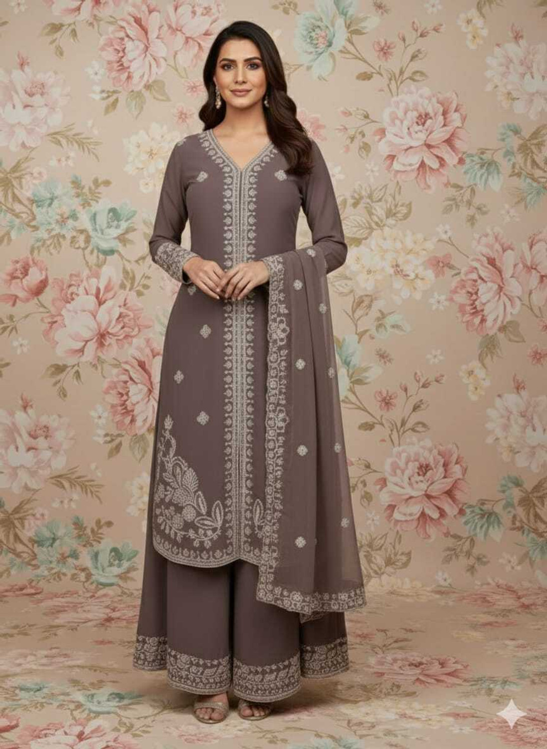Image of Kwisy Embroidered Kurta, Palazzo & Dupatta Set