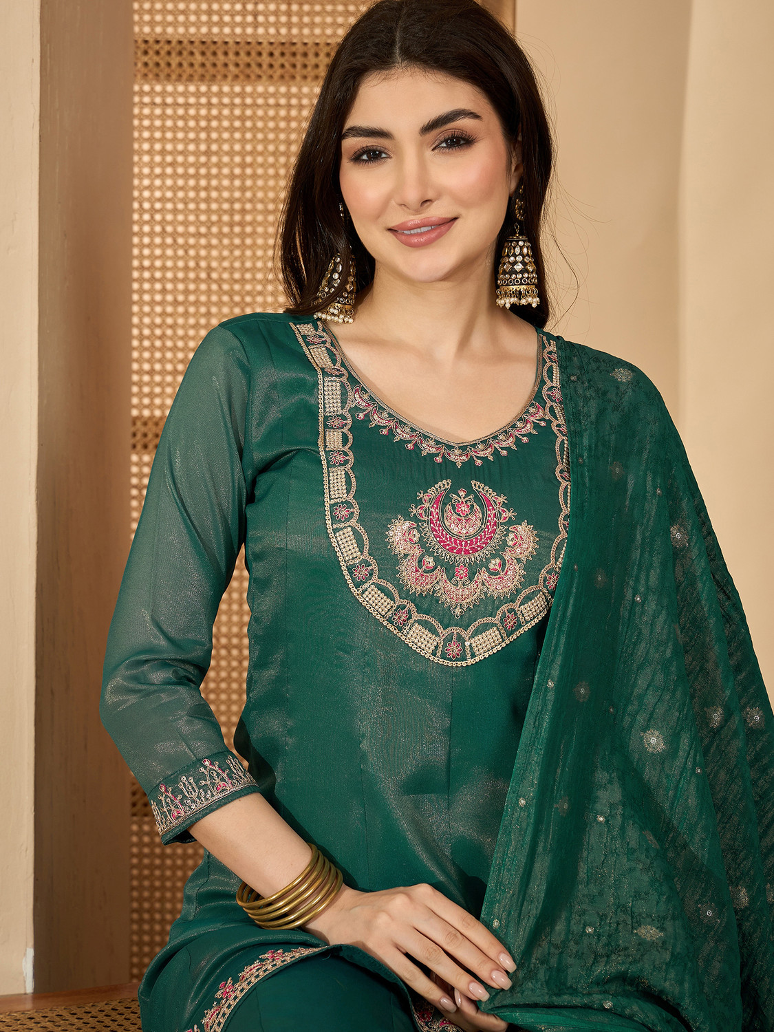 Image of Sangria Embroidered, Embellished Kurta, Palazzo & Dupatta Set