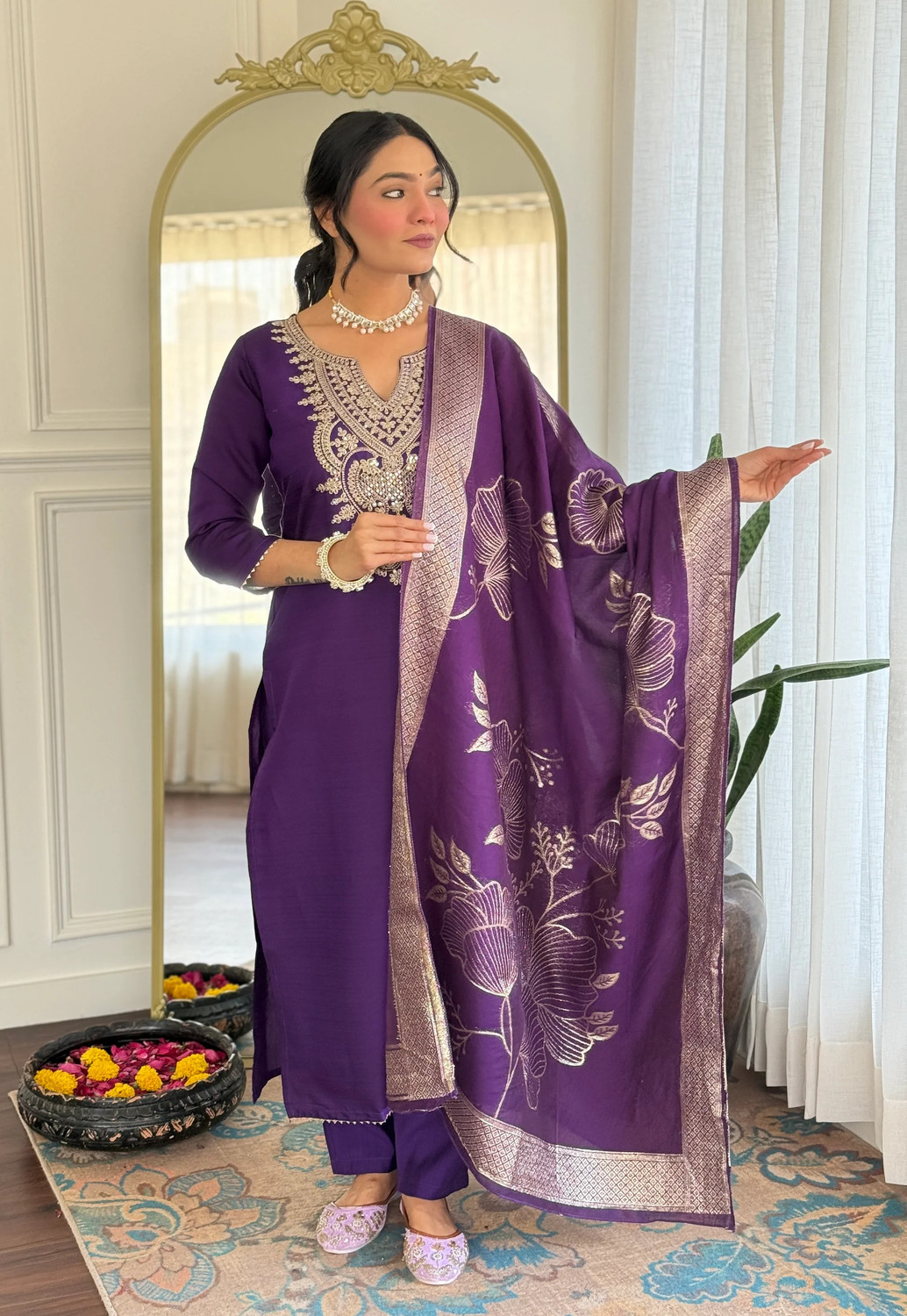 Image of SHYAM BANSI Embroidered Kurta, Trouser /Pant & Dupatta Set