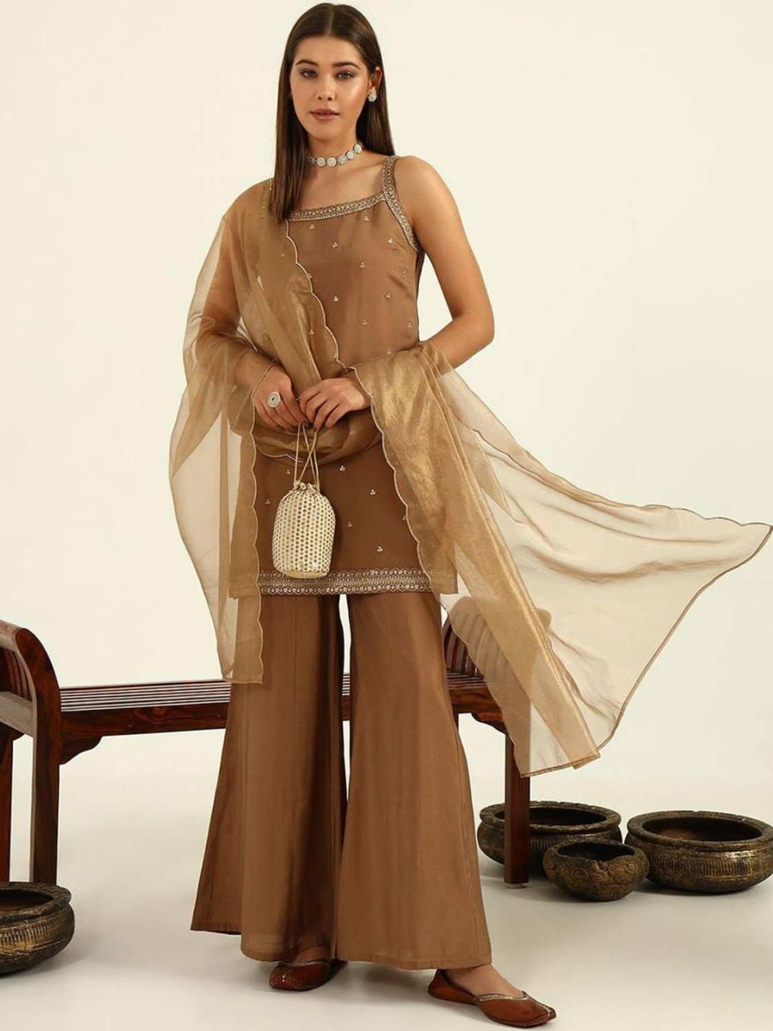 Image of NEEVENTERPRISE Embellished Kurta, Palazzo & Dupatta Set