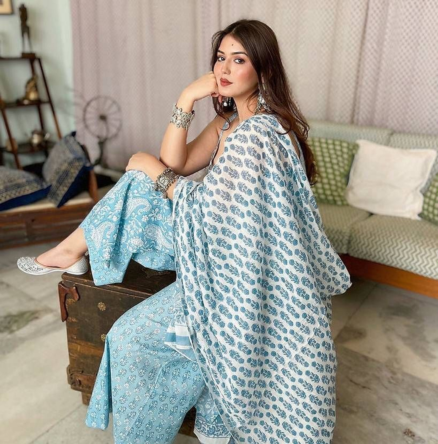 Image of AMEVHI Printed, Paisley Kurta, Palazzo & Dupatta Set