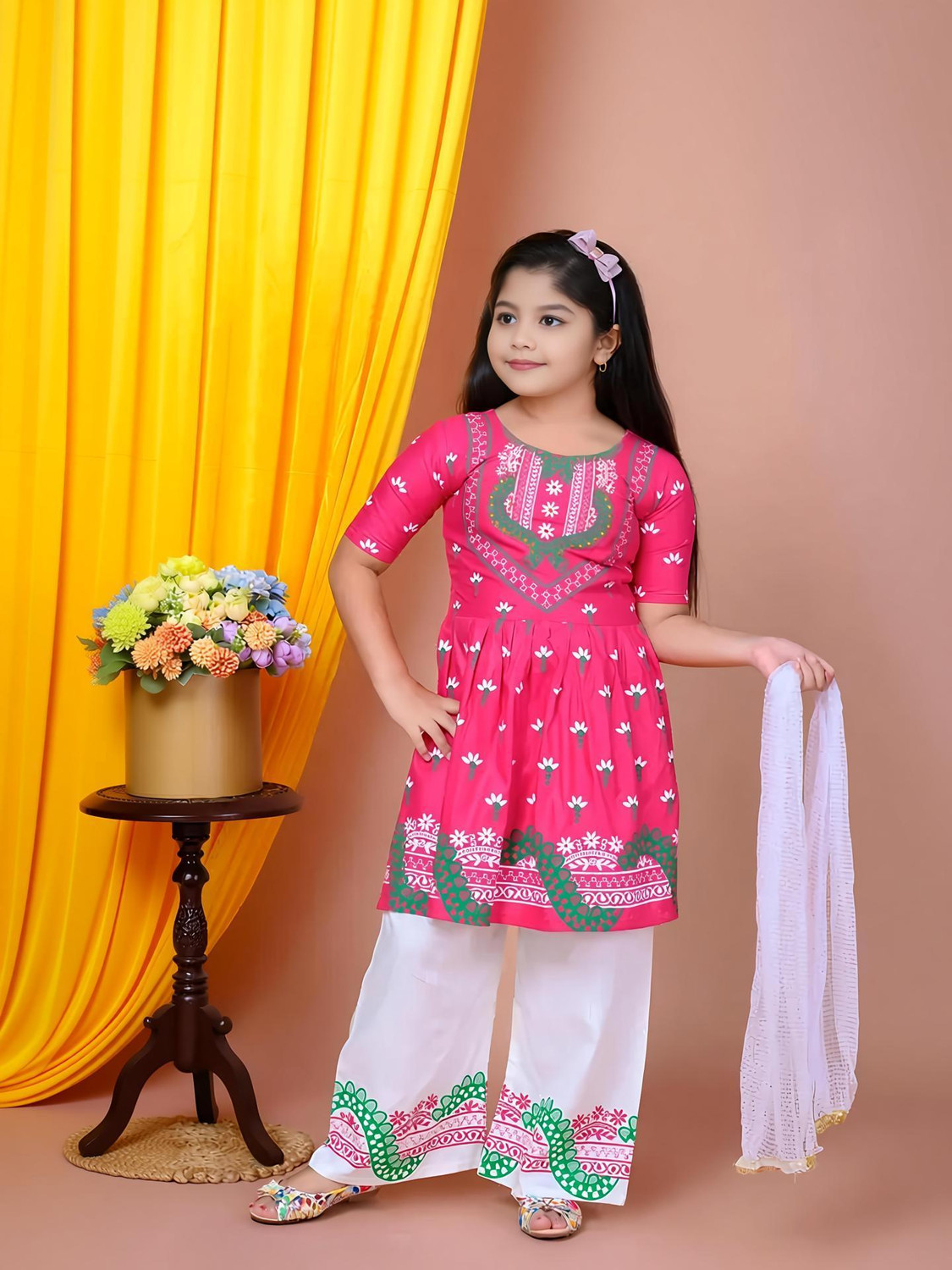Image of NEW SK DRESSES Girls Festive & Party Kurta, Pyjama & Dupatta Set (Pink Pack of 1)