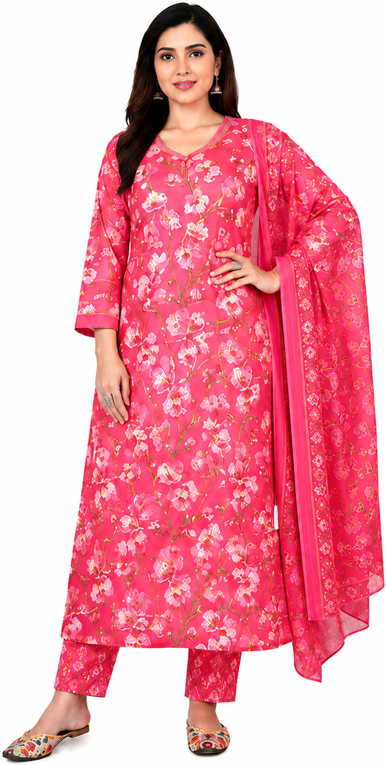Image of Monafashion Floral Print Kurta, Trouser /Pant & Dupatta Set