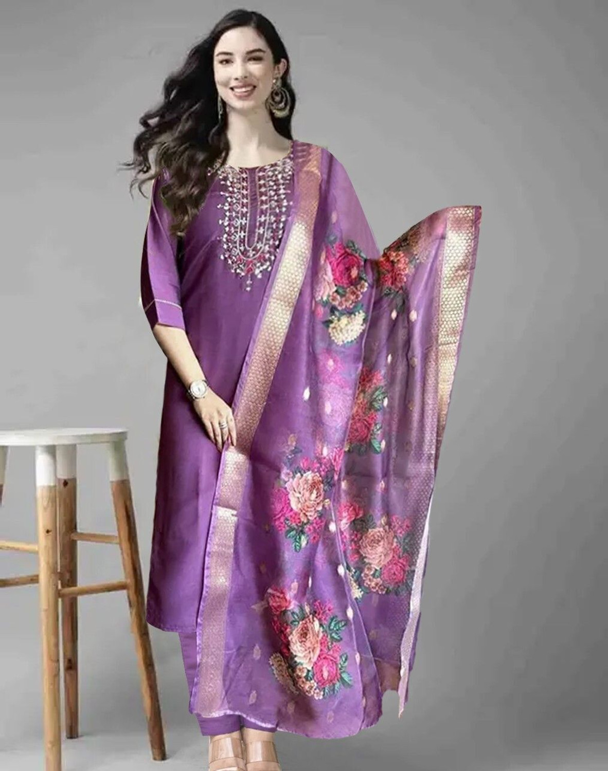 Image of Petromen Embroidered Kurta, Salwar & Dupatta Set