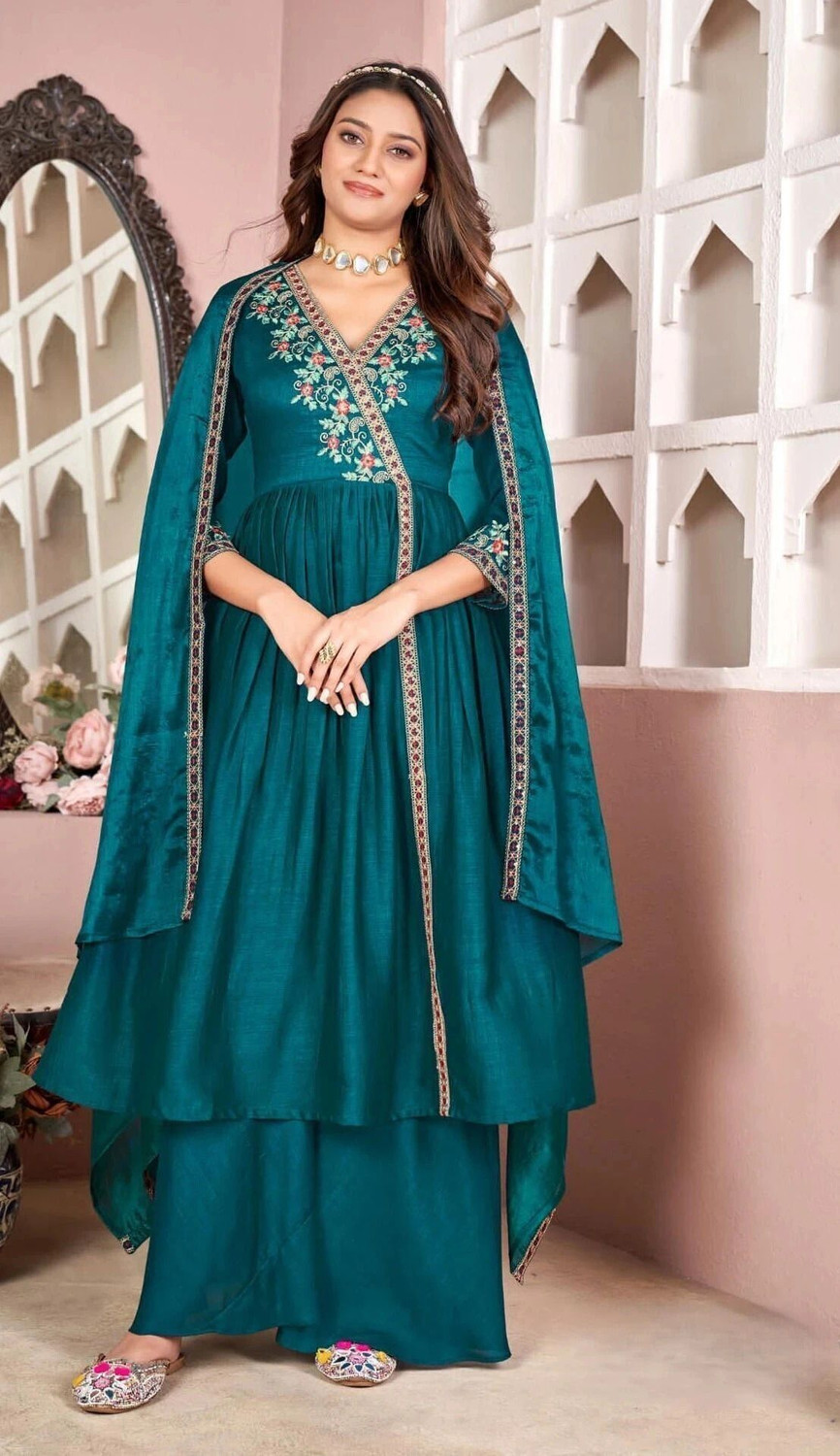 Image of P Three Pluse Embroidered Kurta, Palazzo & Dupatta Set