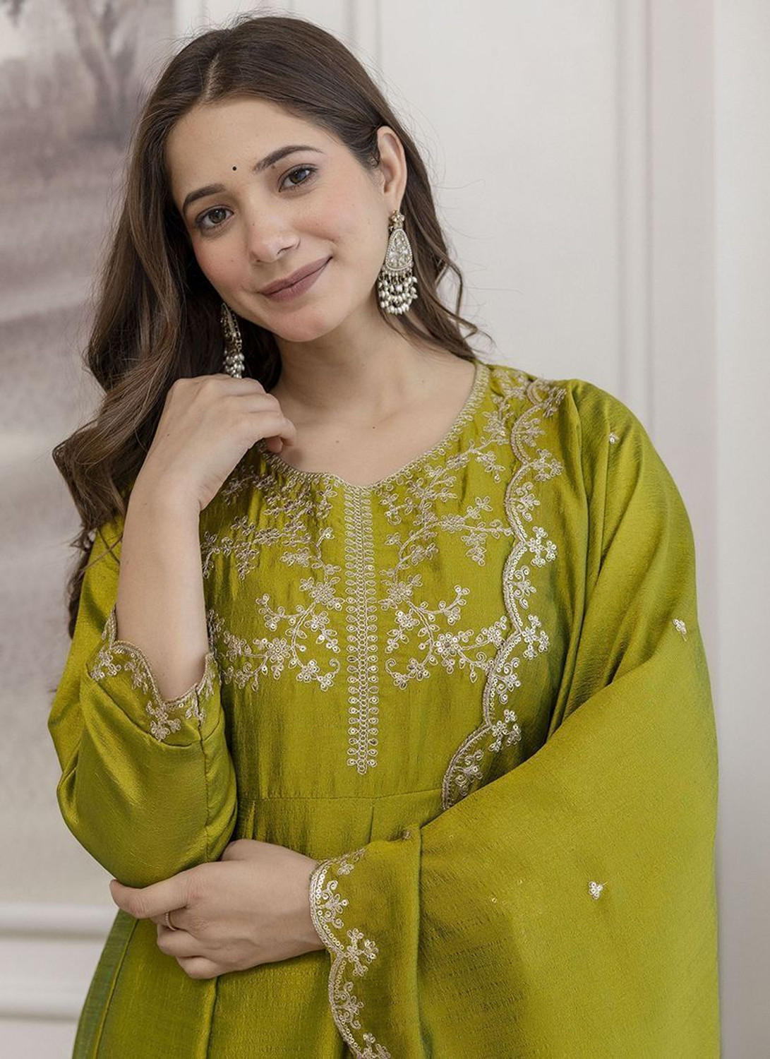 Image of KALKI COLLECTION Embroidered Anarkali Kurta, Bottom & Dupatta Set