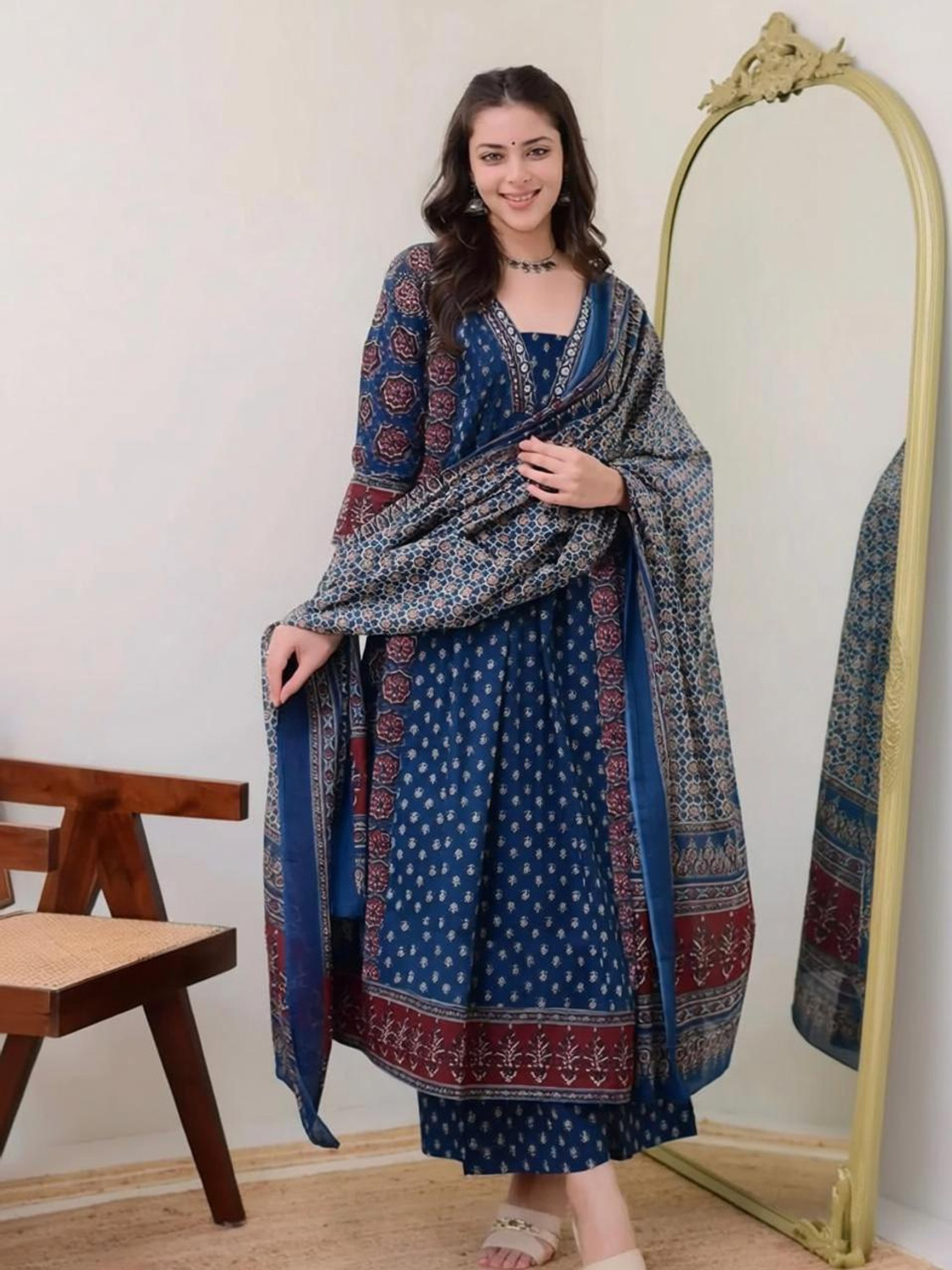Image of fashion hour Printed Anarkali Kurta, Bottom & Dupatta Set