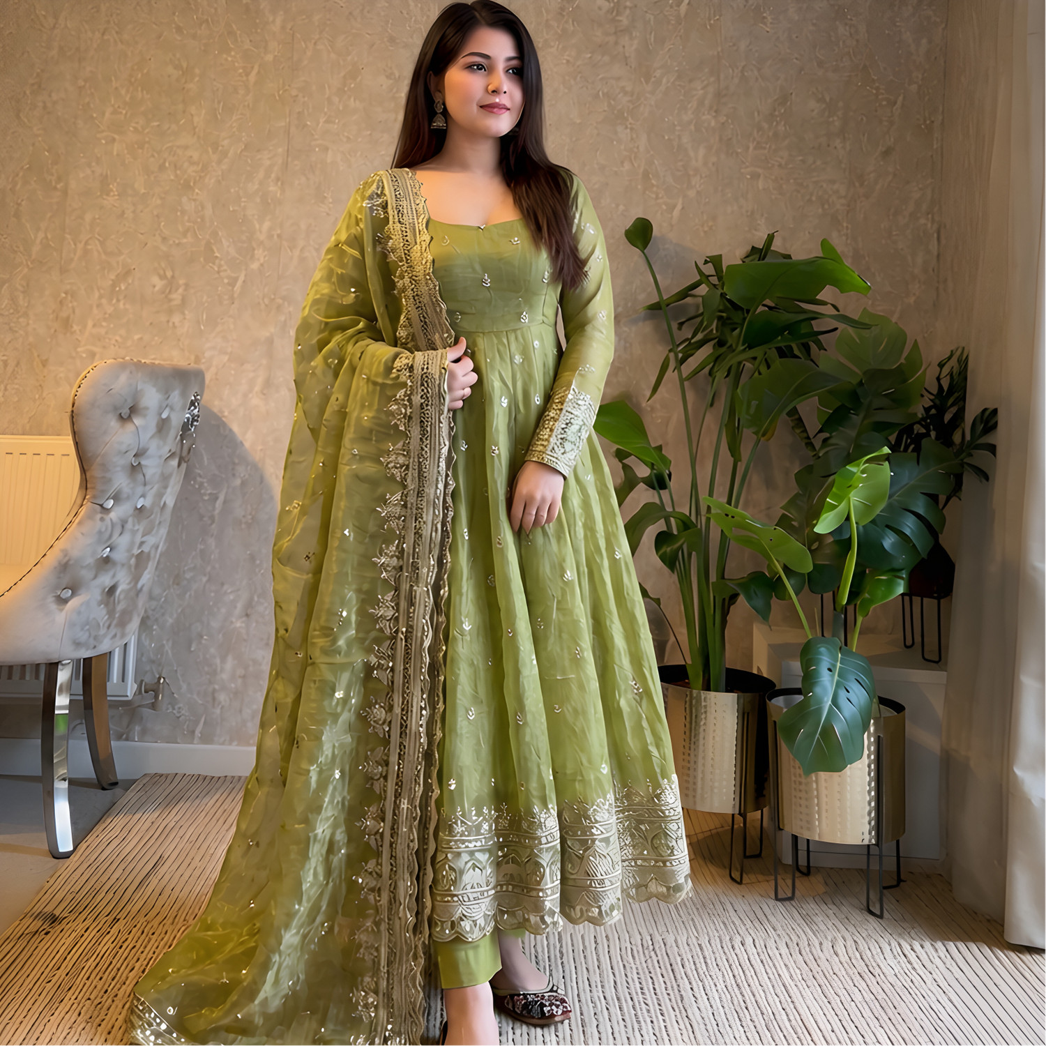 Image of nitigliw Embroidered Anarkali Kurta, Bottom & Dupatta Set