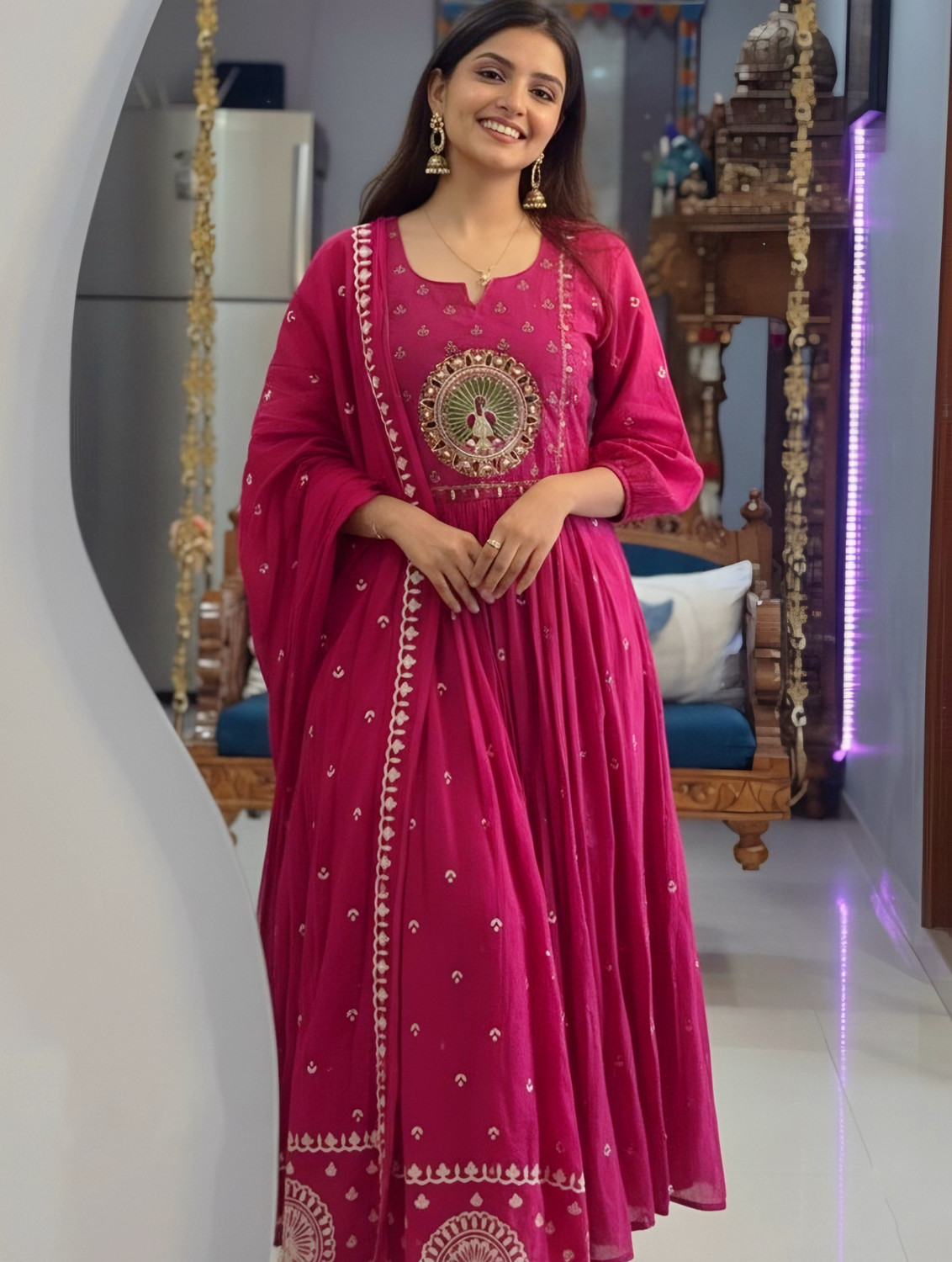 Image of Irtada Printed Anarkali Kurta, Bottom & Dupatta Set