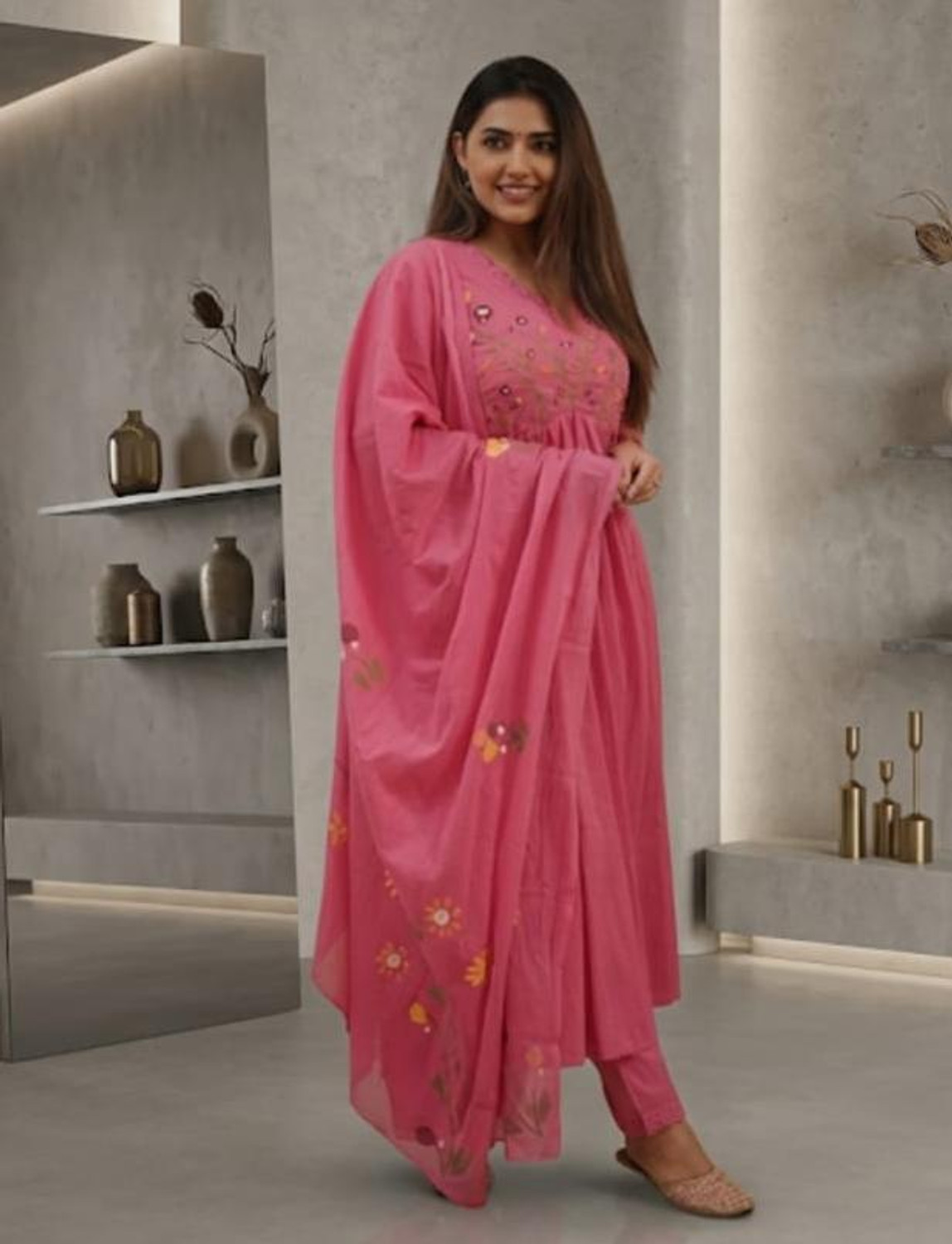 Image of CHECHI Embroidered Kurta, Palazzo & Dupatta Set