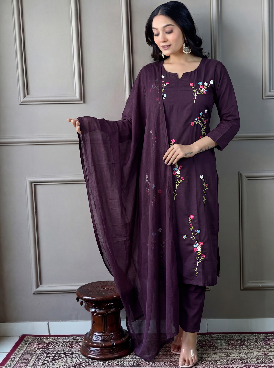 Image of C4A Embroidered Kurta, Trouser /Pant & Dupatta Set