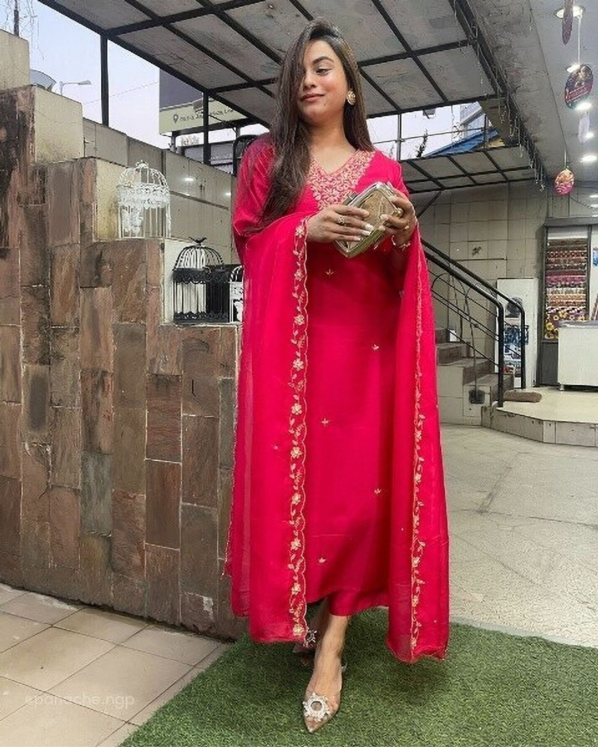 Image of Yipsy Fashion Embroidered Kurta, Palazzo & Dupatta Set