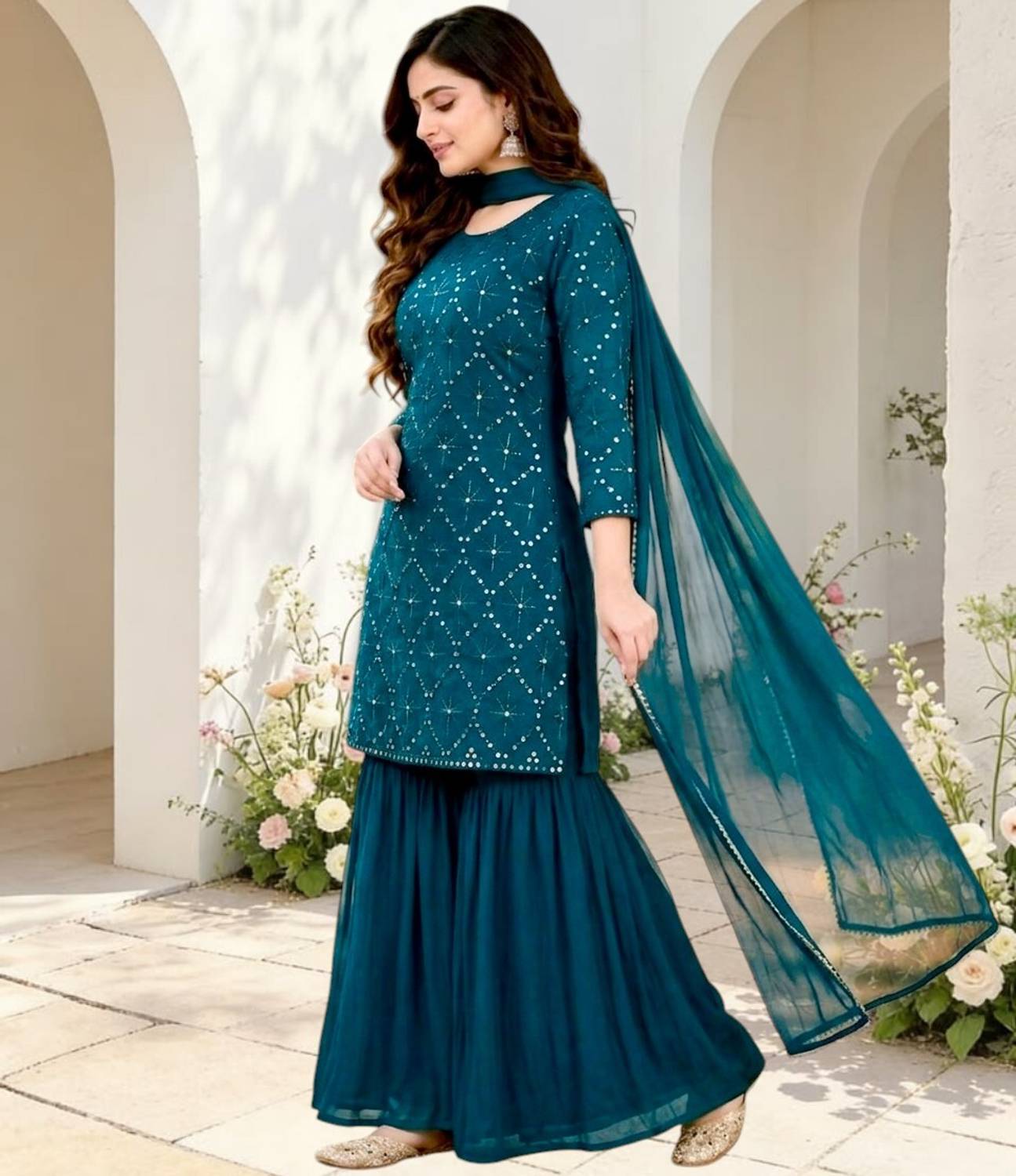 TUHIRAAJ Embroidered Kurta, Sharara & Dupatta Set - Image 3