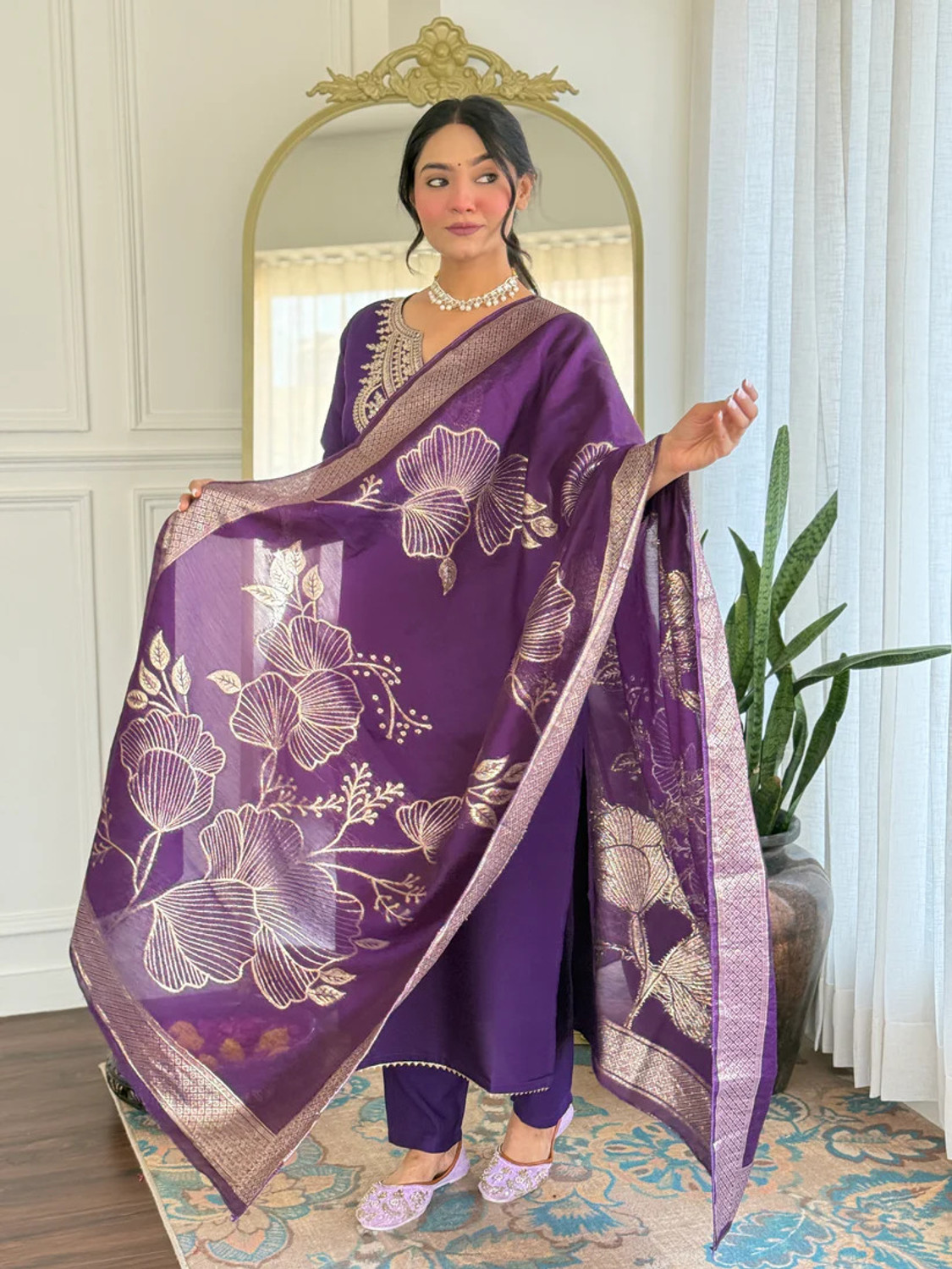 Image of SHYAM BANSI Embroidered Kurta, Trouser /Pant & Dupatta Set