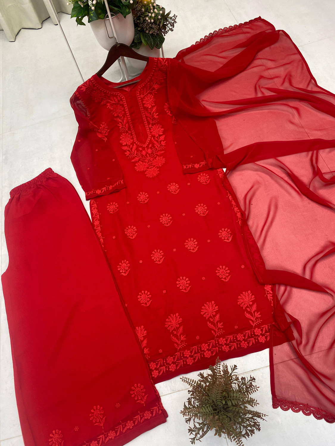 Image of SareeWeb Embroidered Kurta, Palazzo & Dupatta Set