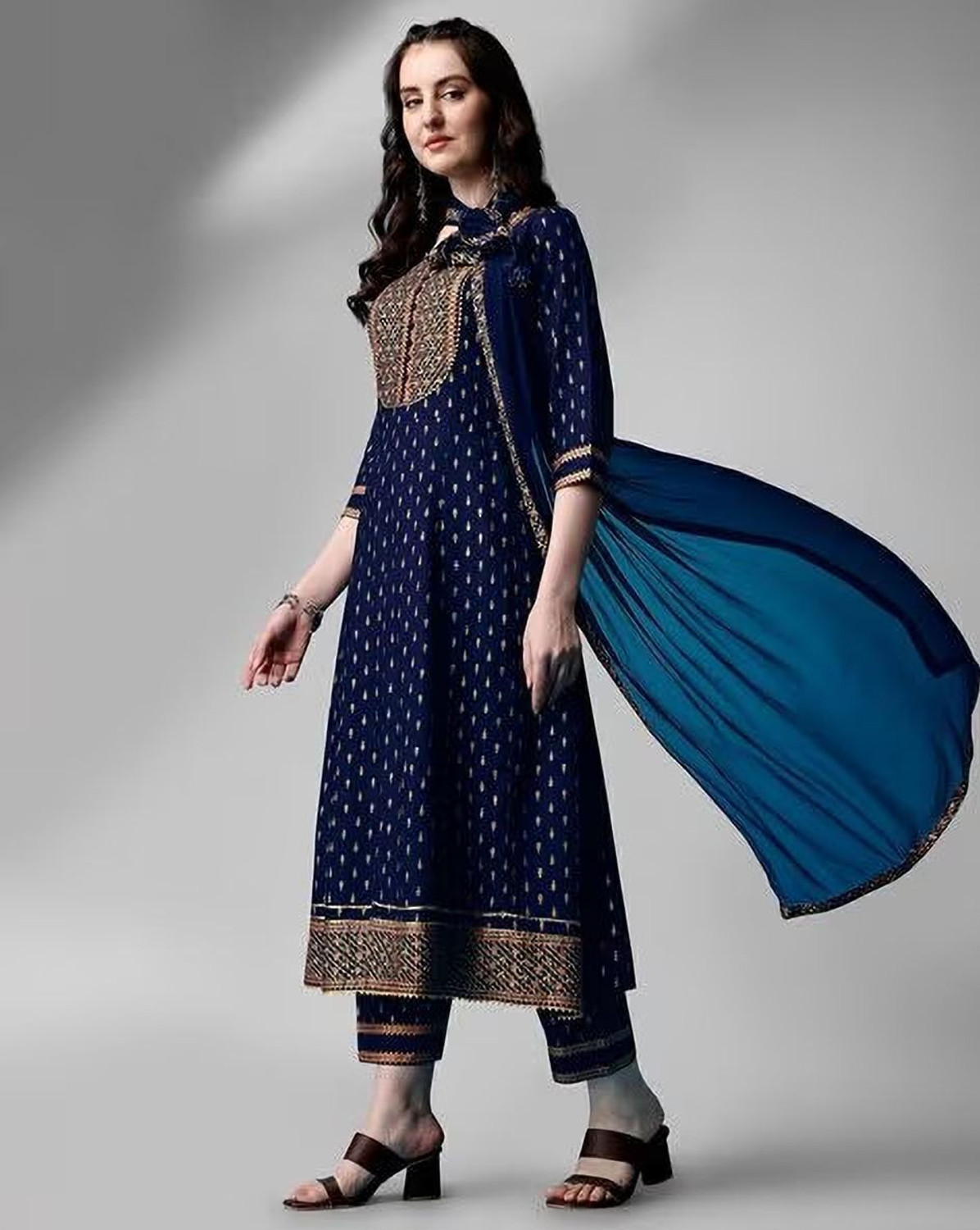 Image of Queens Fab Printed, Embroidered Anarkali Kurta, Bottom & Dupatta Set