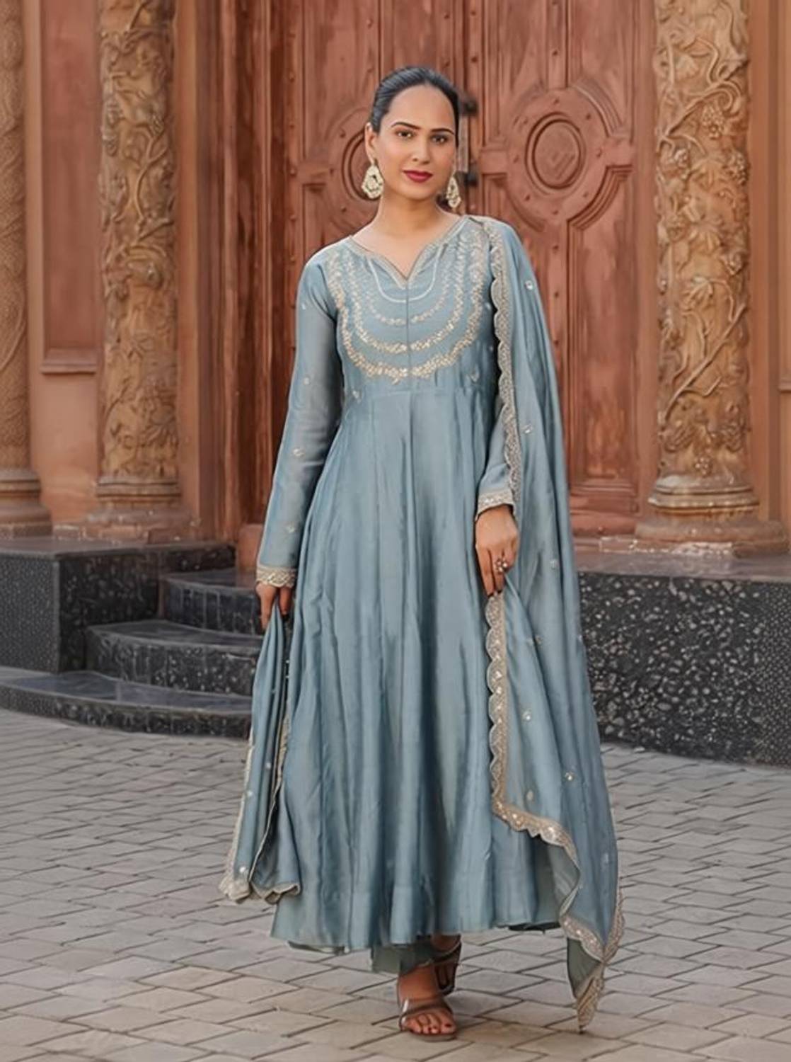 ARVILAS Embroidered Anarkali Kurta, Bottom & Dupatta Set