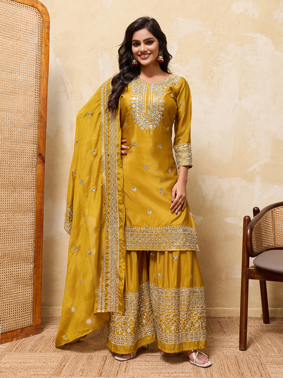 Image of GDAS Embroidered Kurta, Sharara & Dupatta Set