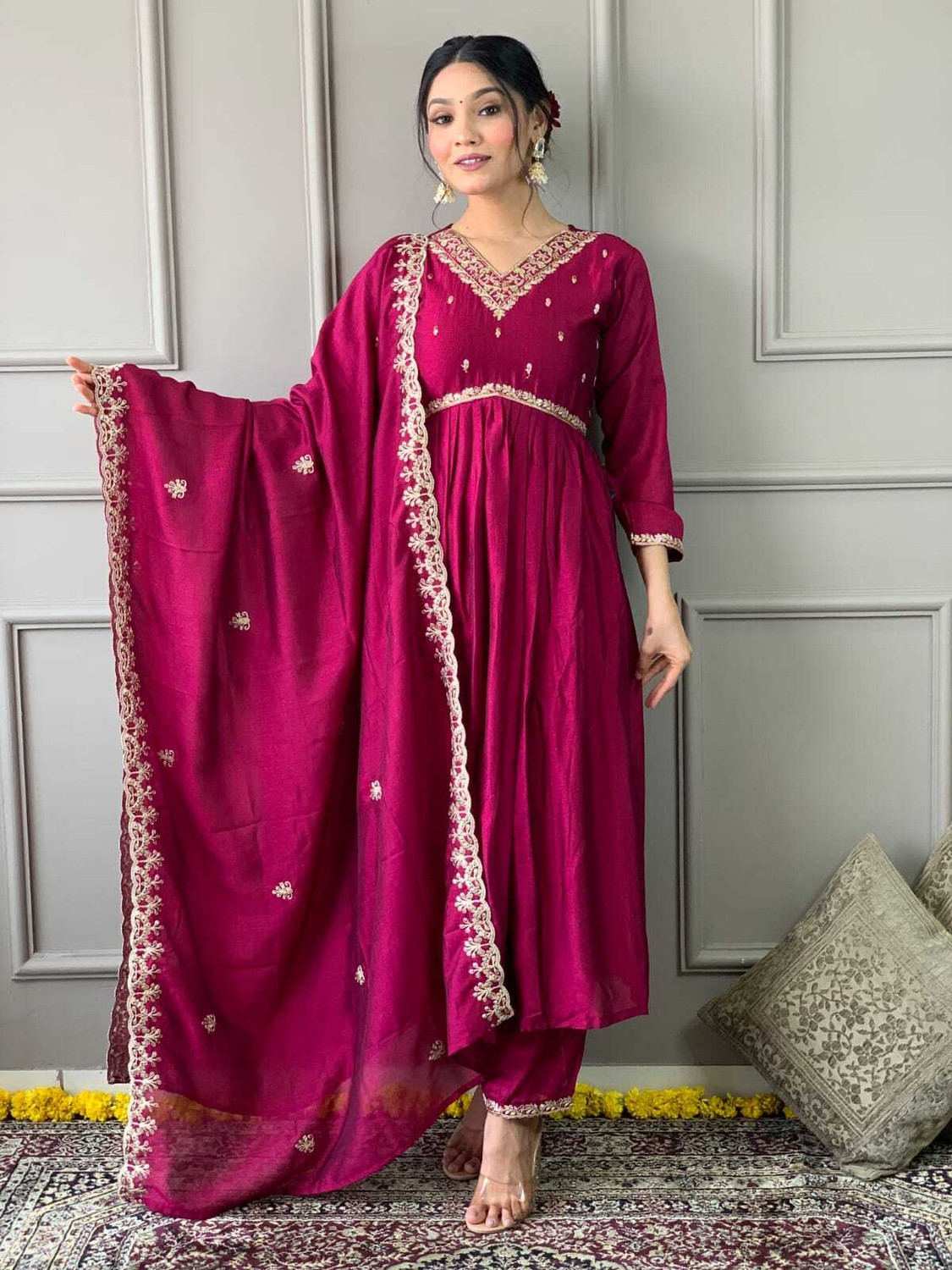 Image of hiyan Solid Anarkali Kurta, Bottom & Dupatta Set