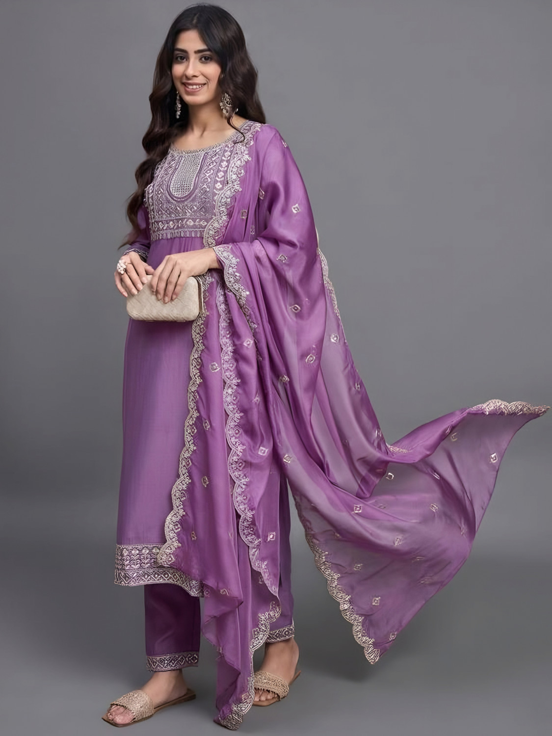 Image of TARUNIPOSHAK Embroidered Kurta, Churidar & Dupatta Set