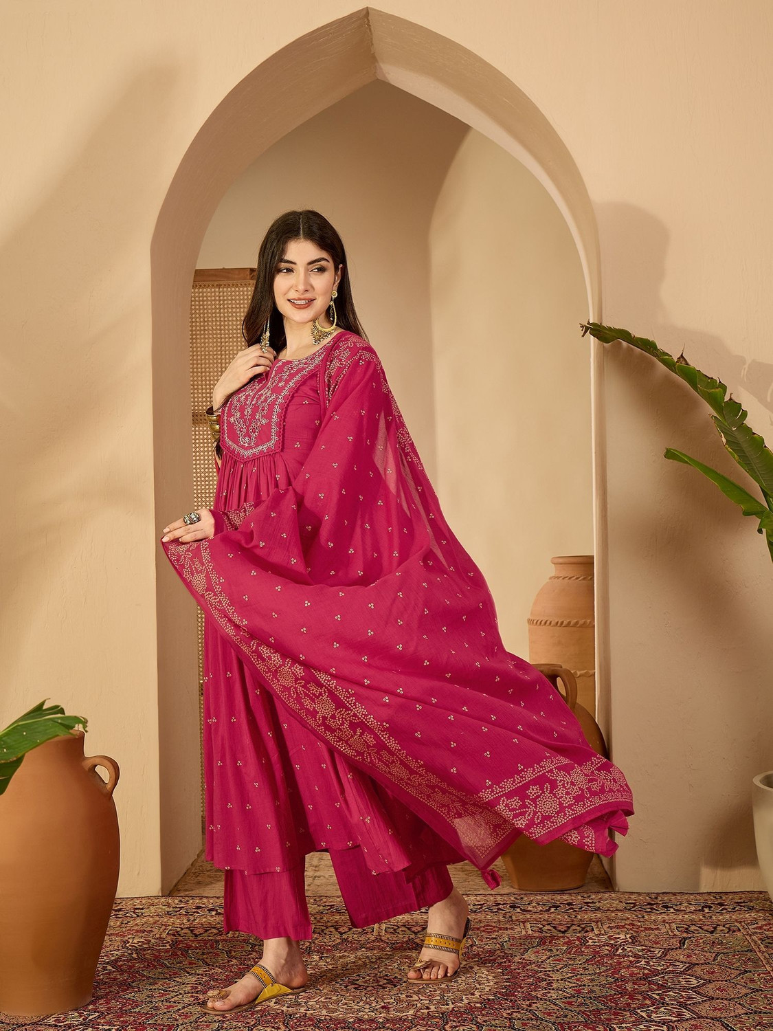 Image of KHALISH Polka Print Anarkali Kurta, Bottom & Dupatta Set