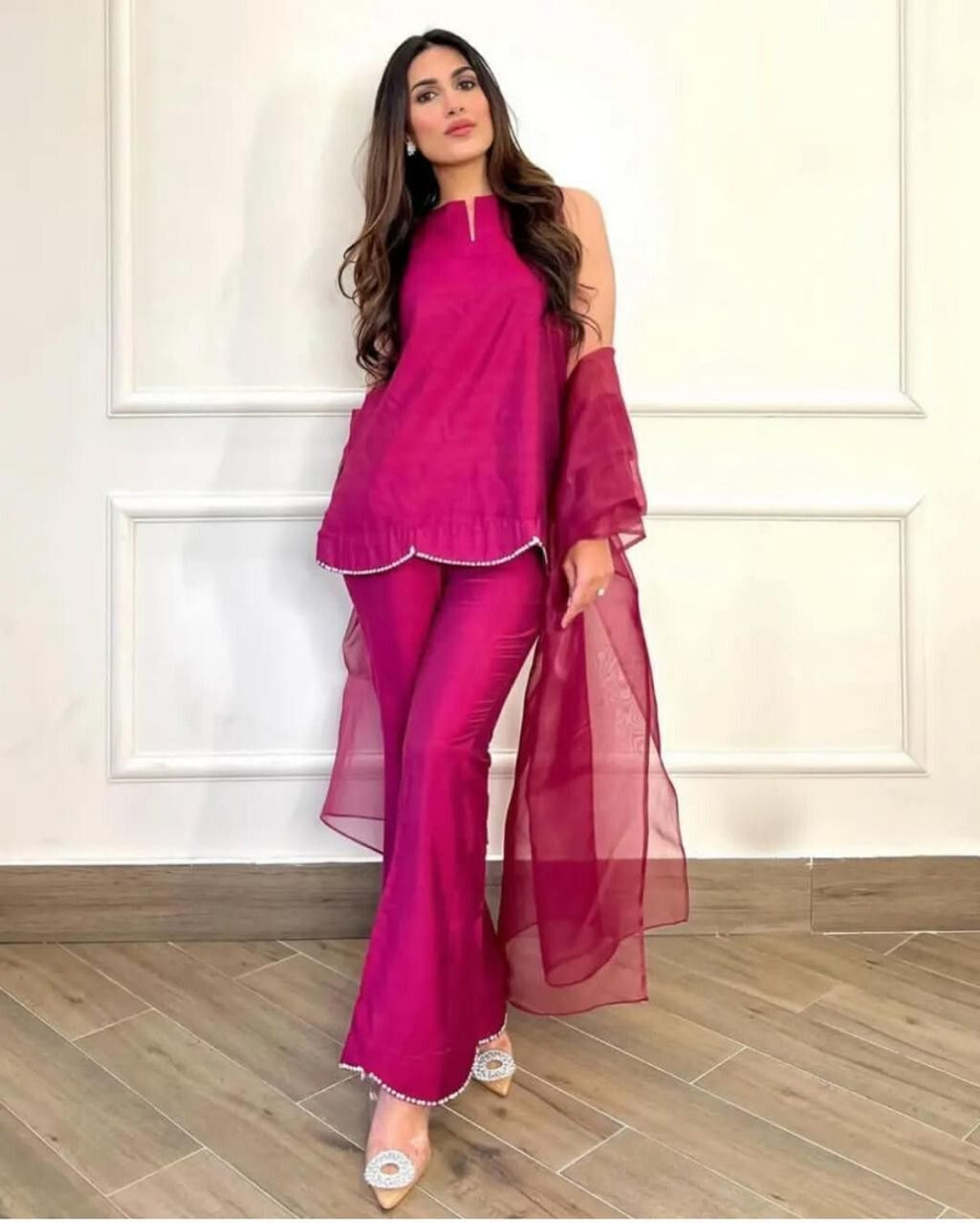 Image of Radhey Trendz Self Design Kurta, Palazzo & Dupatta Set