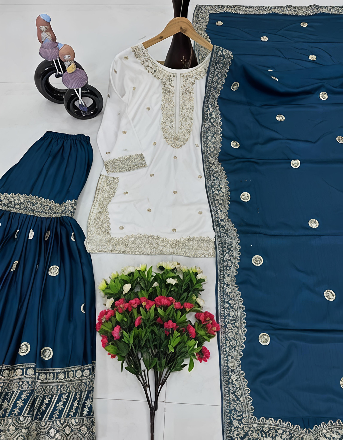 Image of SINCERO Embroidered Kurta, Sharara & Dupatta Set