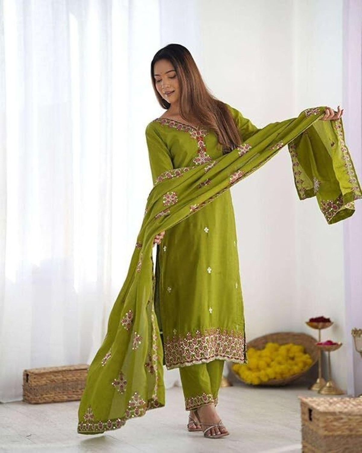 Image of Durga Ecommerce Embroidered Kurta, Palazzo & Dupatta Set
