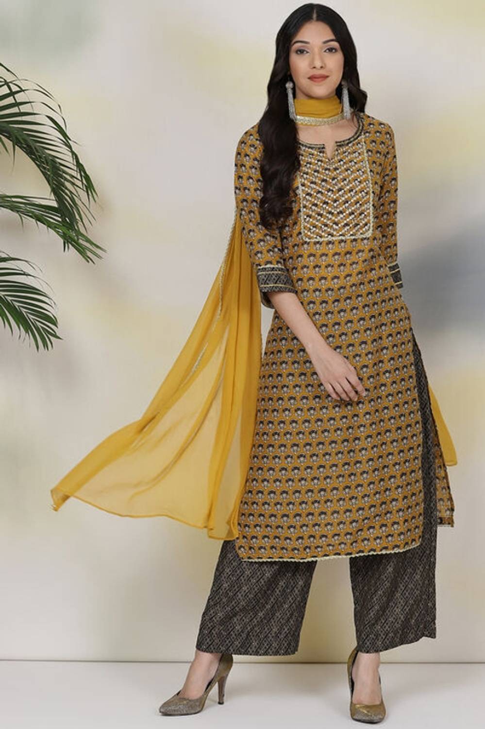 BIBA Printed Kurta, Palazzo & Dupatta Set