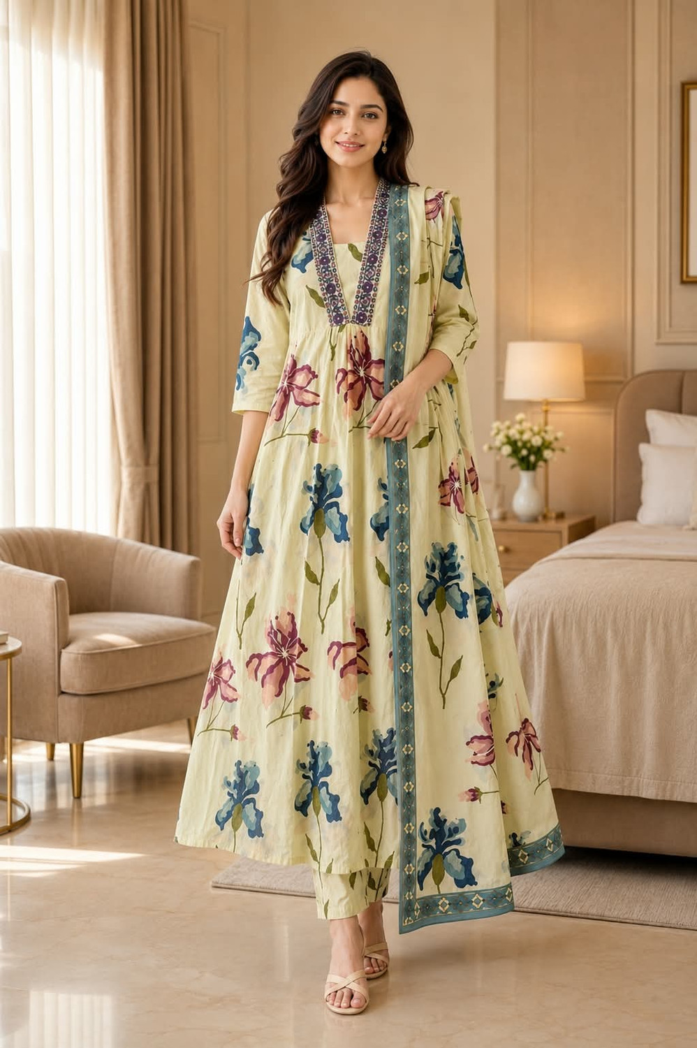 Image of Kanhiya creation Floral Printed Anarkali Kurta Set with Dupatta Floral Print Kurta, Trouser /Pant & Dupatta Set