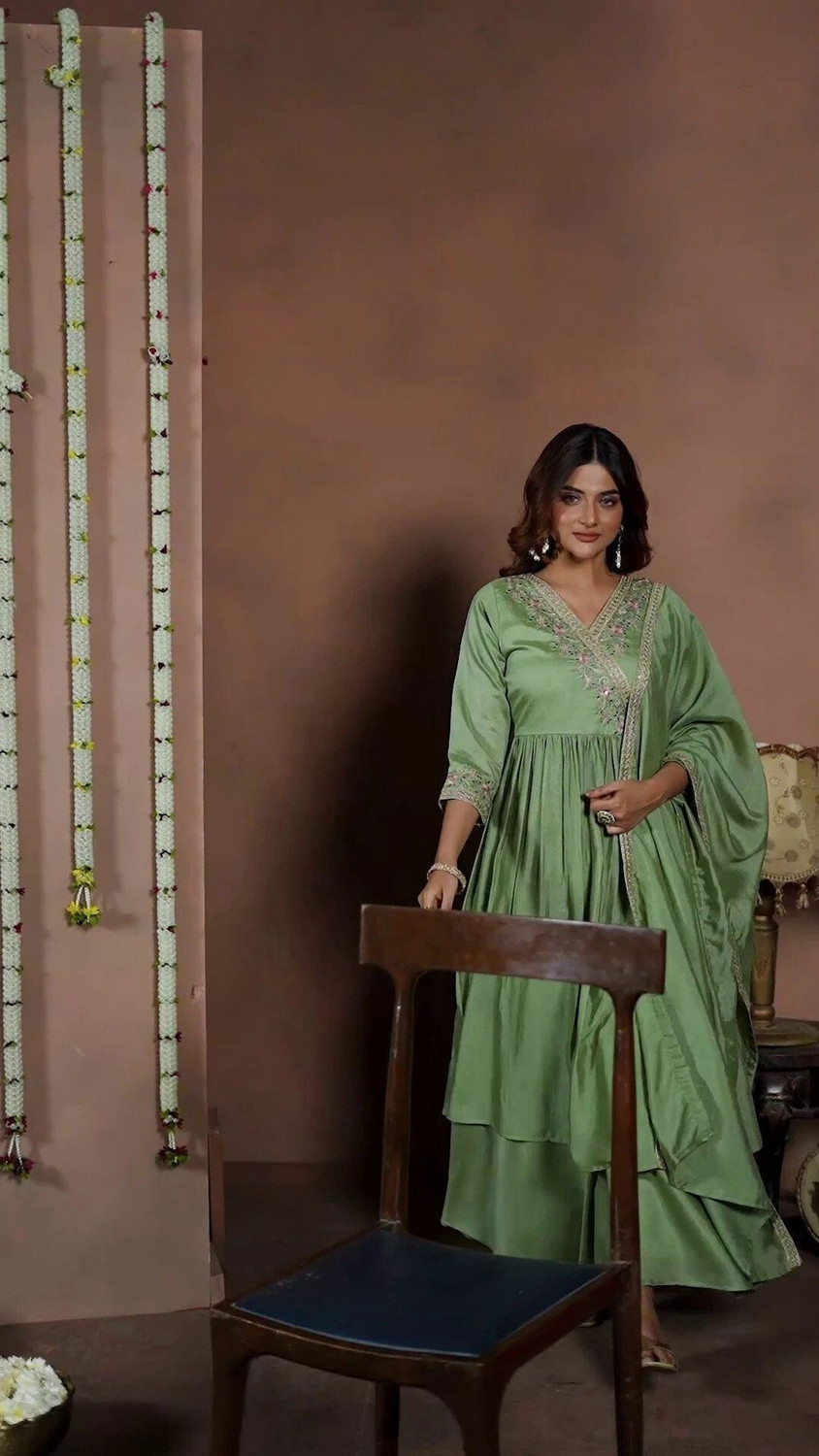 Image of P Three Pluse Embroidered Kurta, Palazzo & Dupatta Set