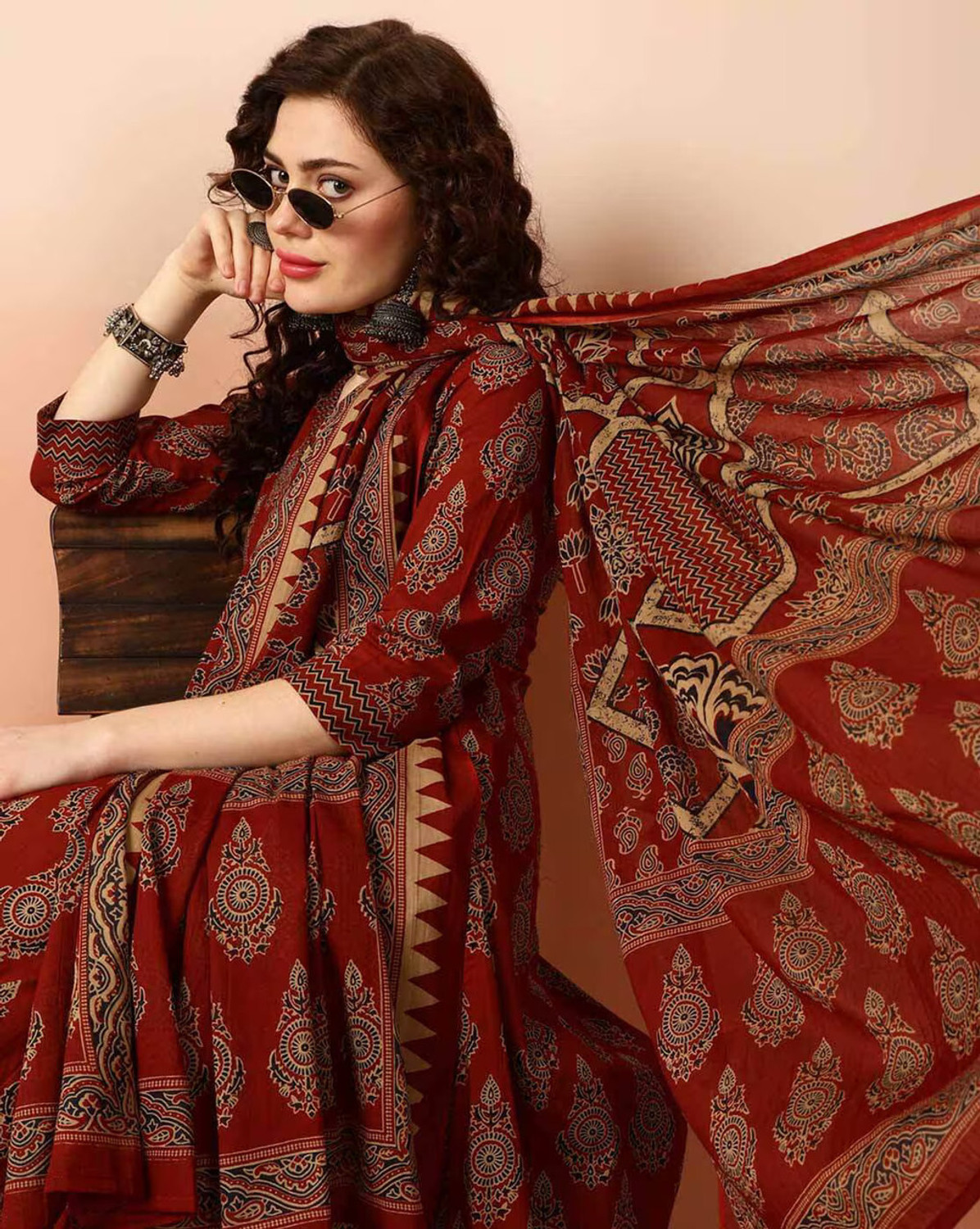 Image of Bairaj Printed Kurta, Trouser /Pant & Dupatta Set