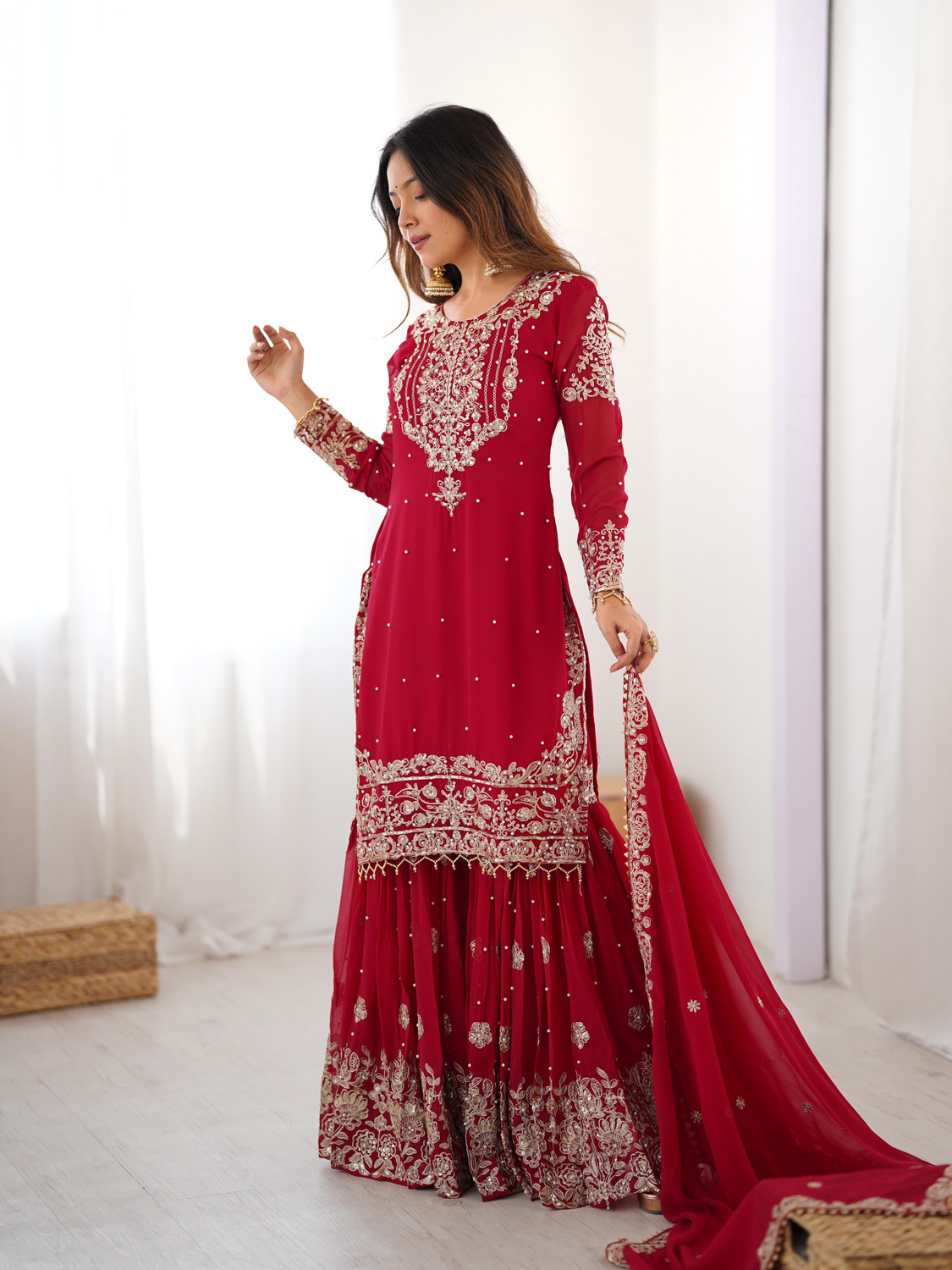 Image of Hevienterprise Embroidered Kurta, Sharara & Dupatta Set