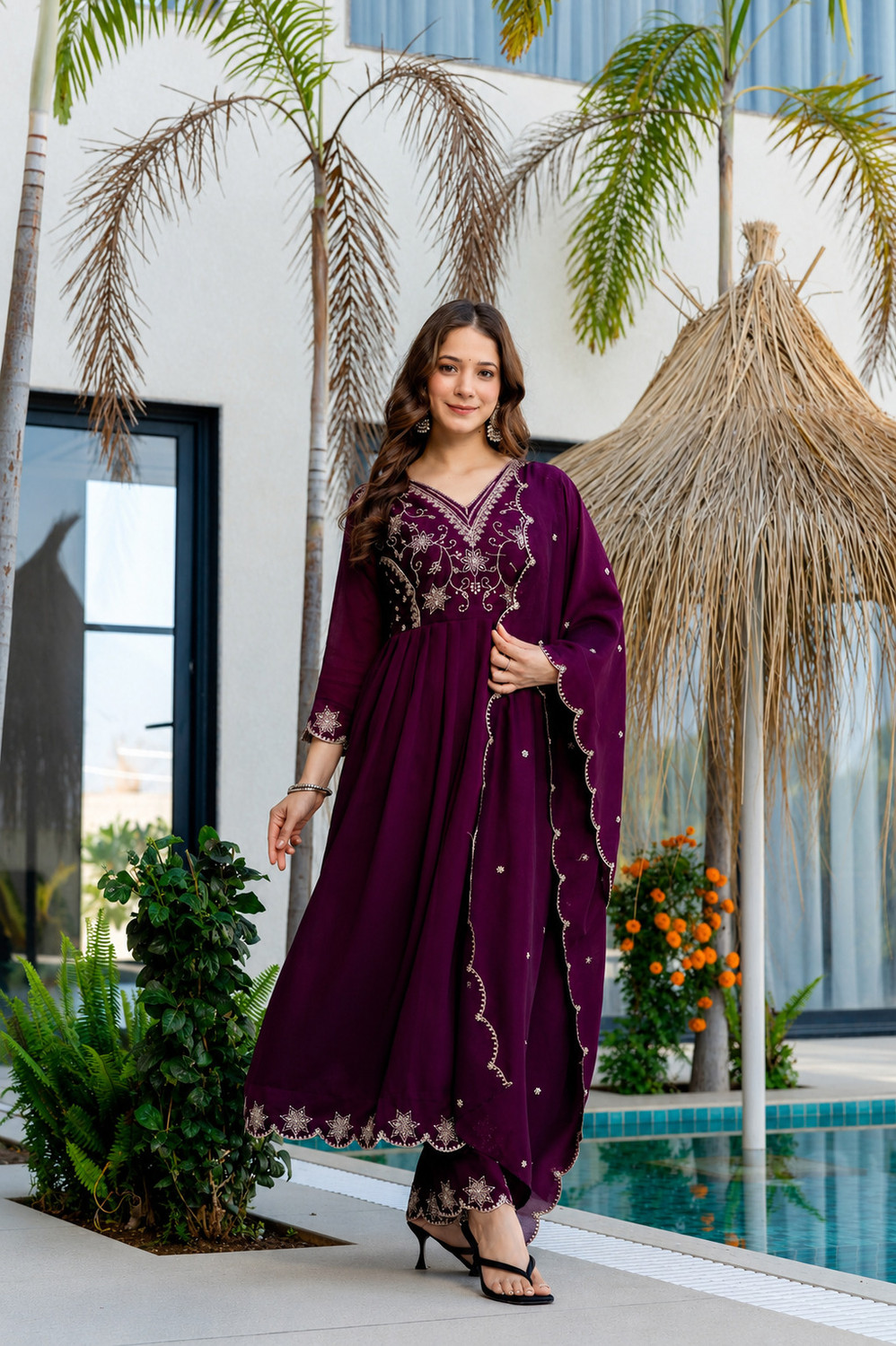 Image of RUTABO Embroidered Anarkali Kurta, Bottom & Dupatta Set