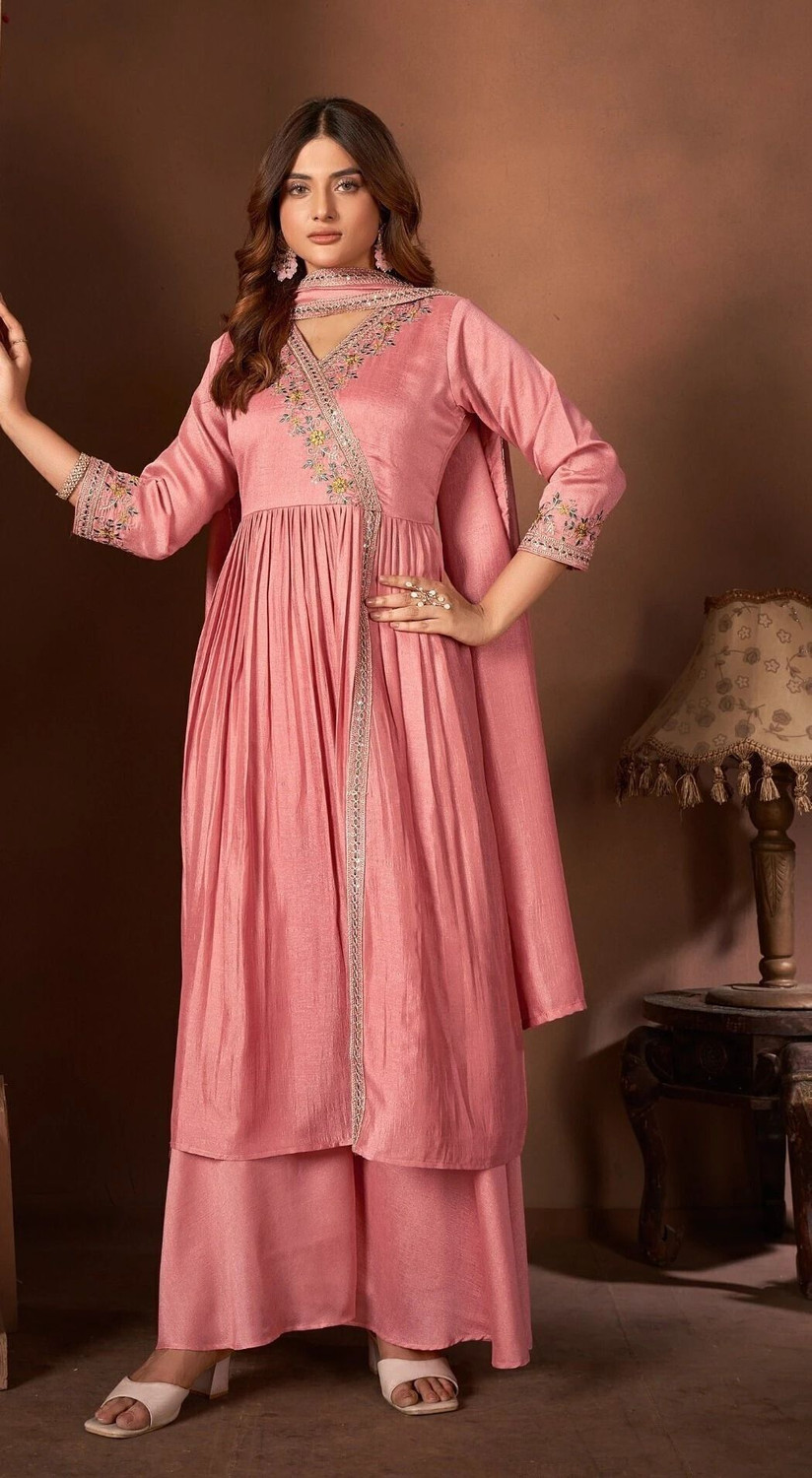 Image of P Three Pluse Embroidered Kurta, Palazzo & Dupatta Set