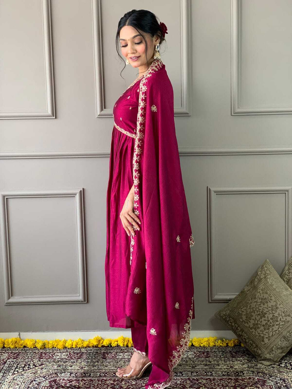 Image of hiyan Solid Anarkali Kurta, Bottom & Dupatta Set