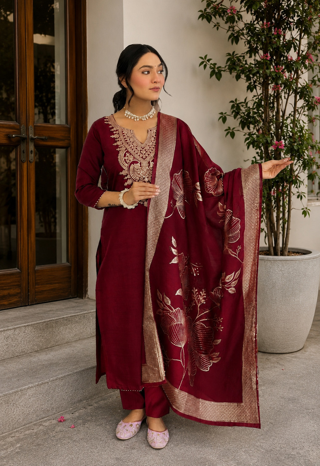 Image of SHYAM BANSI Embroidered Kurta, Trouser /Pant & Dupatta Set