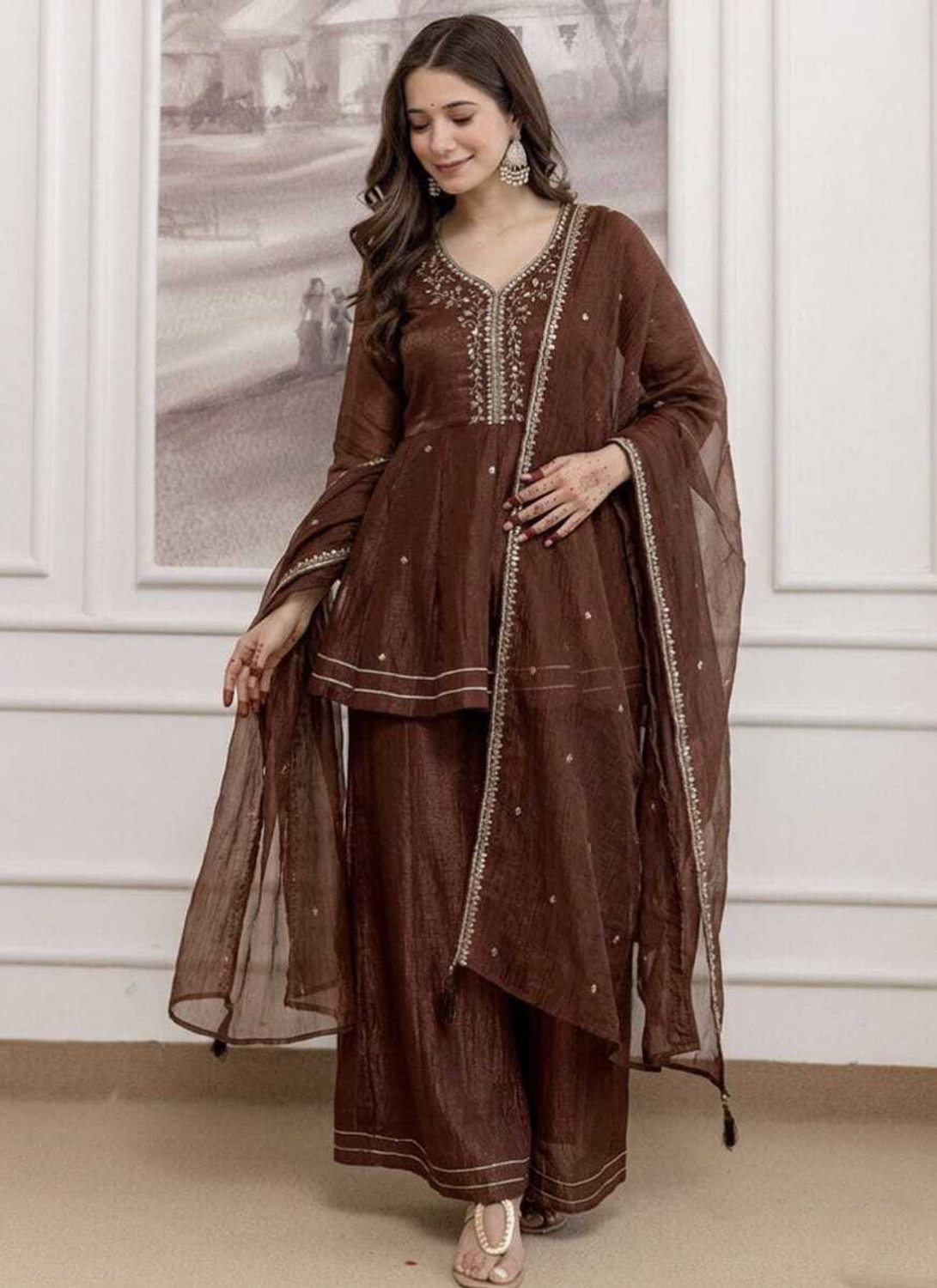 Image of KALKI COLLECTION Embroidered Kurta, Palazzo & Dupatta Set
