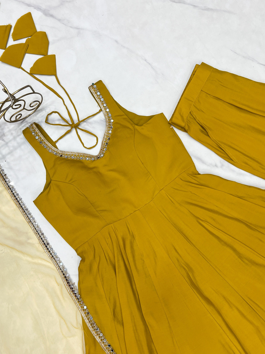 Image of CULTISE WORLD Solid, Embellished Anarkali Kurta, Bottom & Dupatta Set