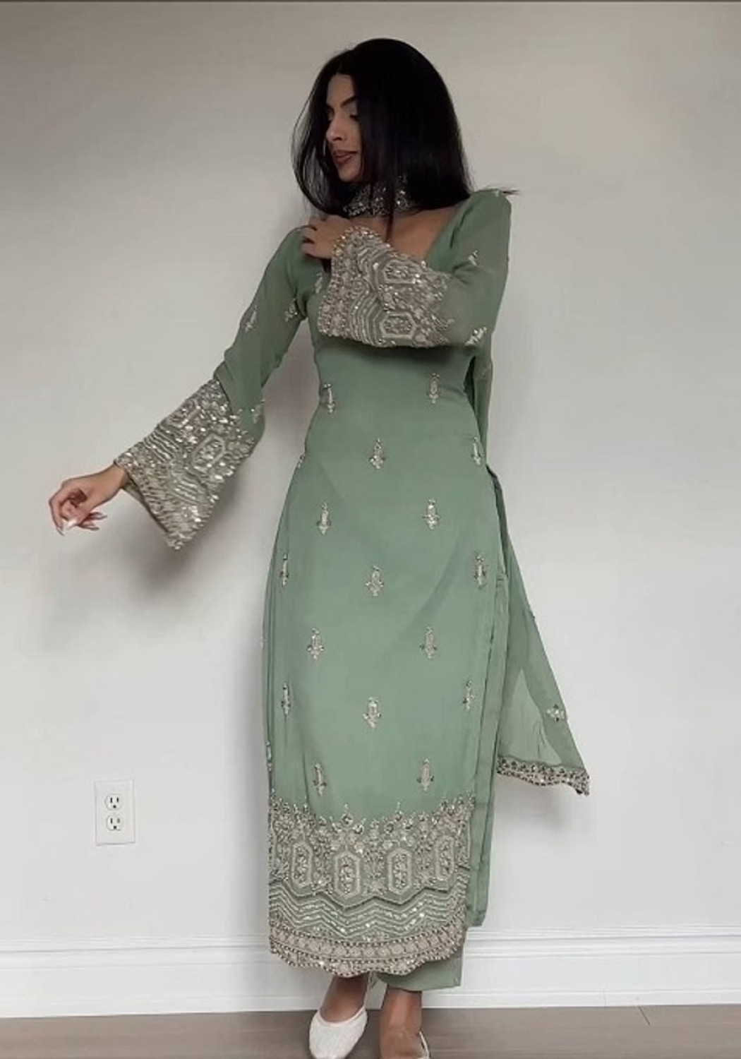 Image of LADUDI PISTA WOMEN Embroidered Kurta, Trouser /Pant & Dupatta Set