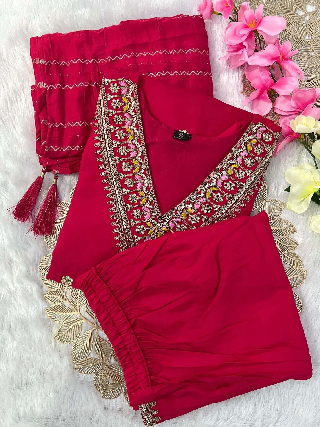 Image of MAA SHANTI ENTERPRISE Embroidered Kurta, Trouser /Pant & Dupatta Set