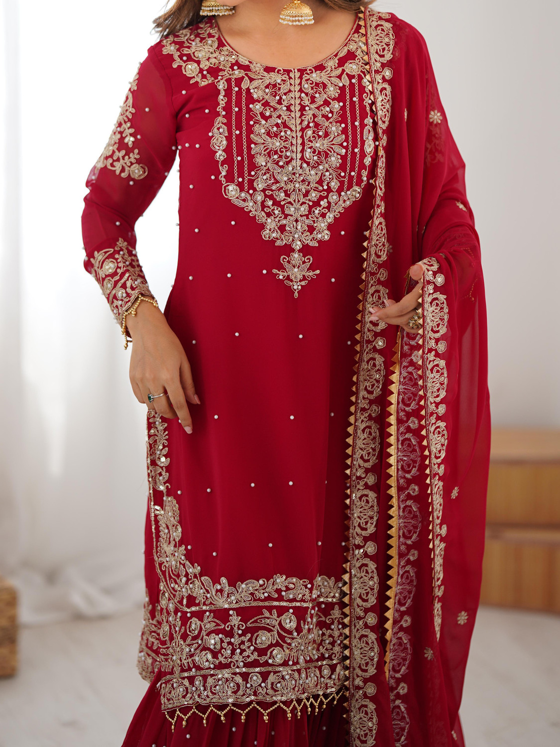 Image of Hevienterprise Embroidered Kurta, Sharara & Dupatta Set