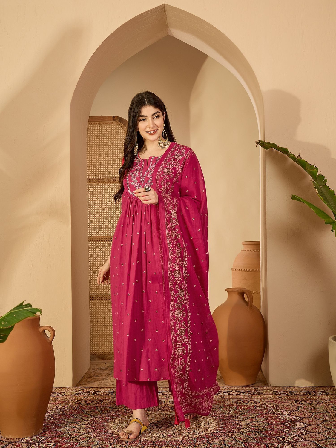 Image of KHALISH Polka Print Anarkali Kurta, Bottom & Dupatta Set